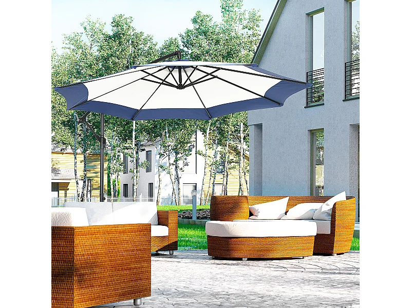 Ombrellone da giardino 3x2 m a braccio con base a croce blu e crema