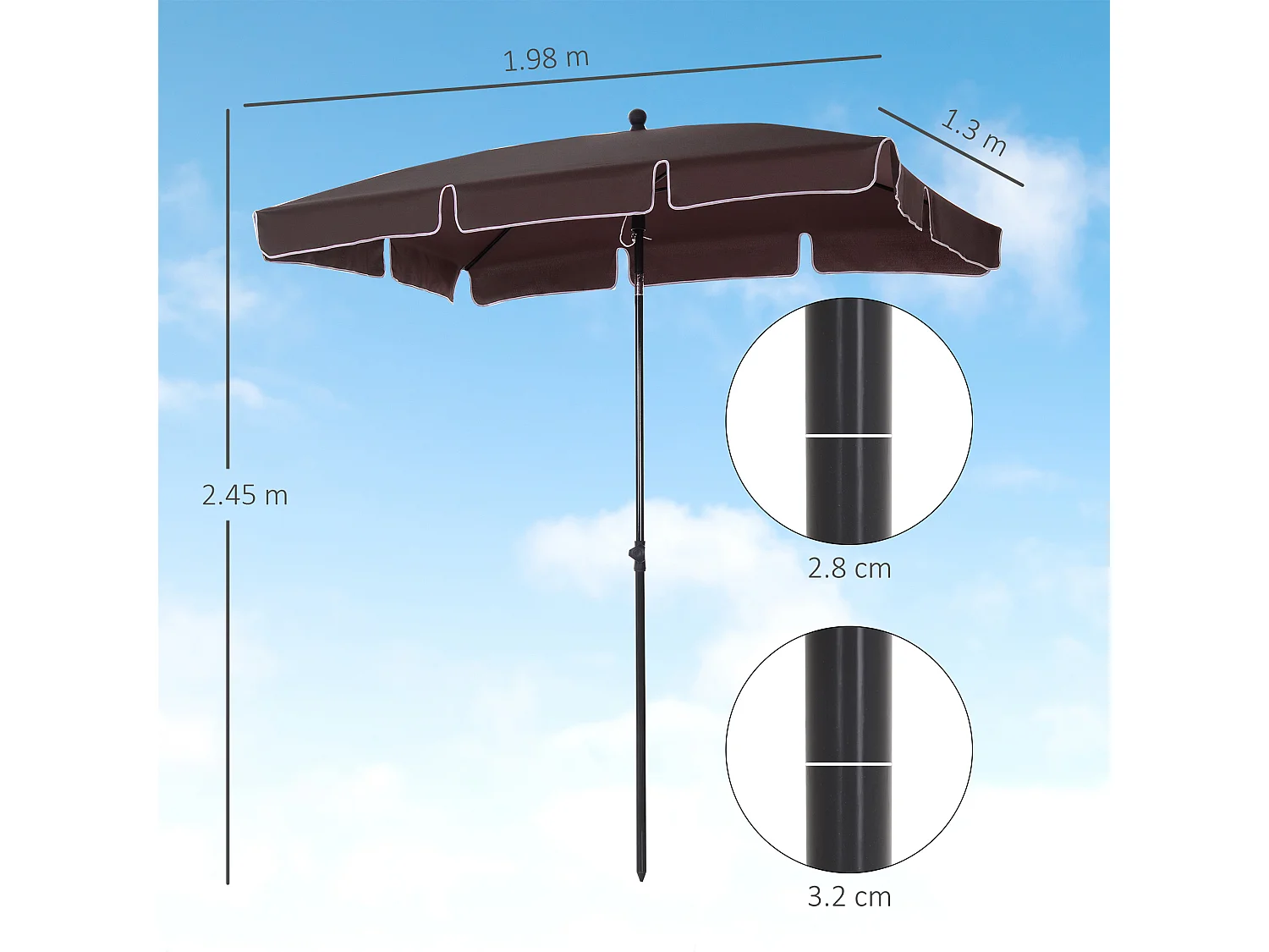 Ombrellone da giardino 2x1.3x2.5 m regolabile marrone