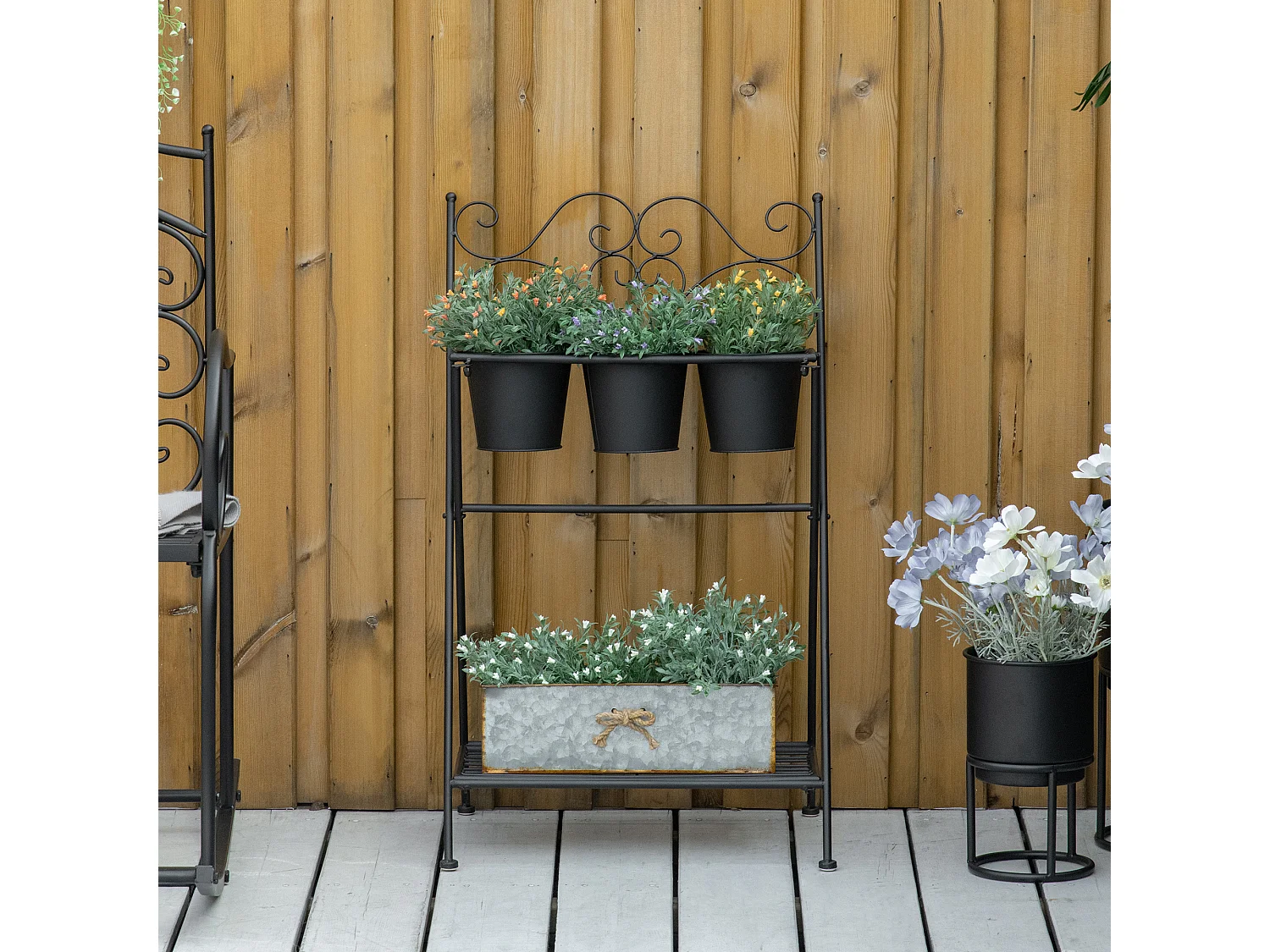 Portapiante pieghevole con 3 vasi e ripiano inferiore nero