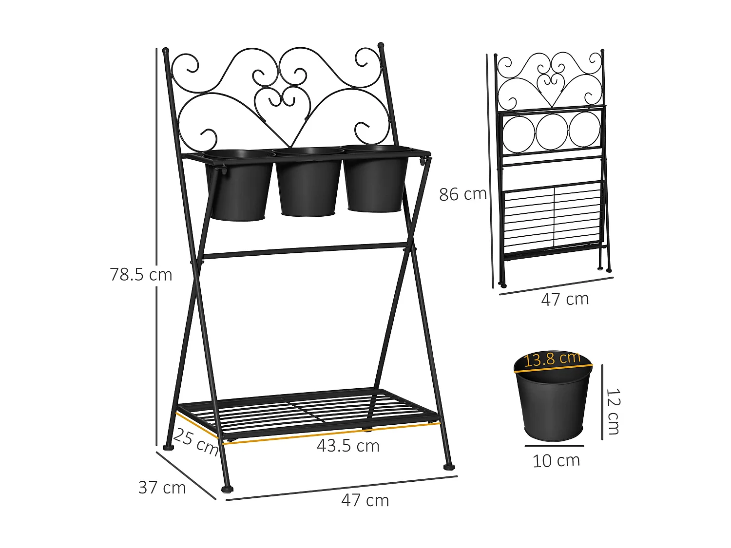 Portapiante pieghevole con 3 vasi e ripiano inferiore nero