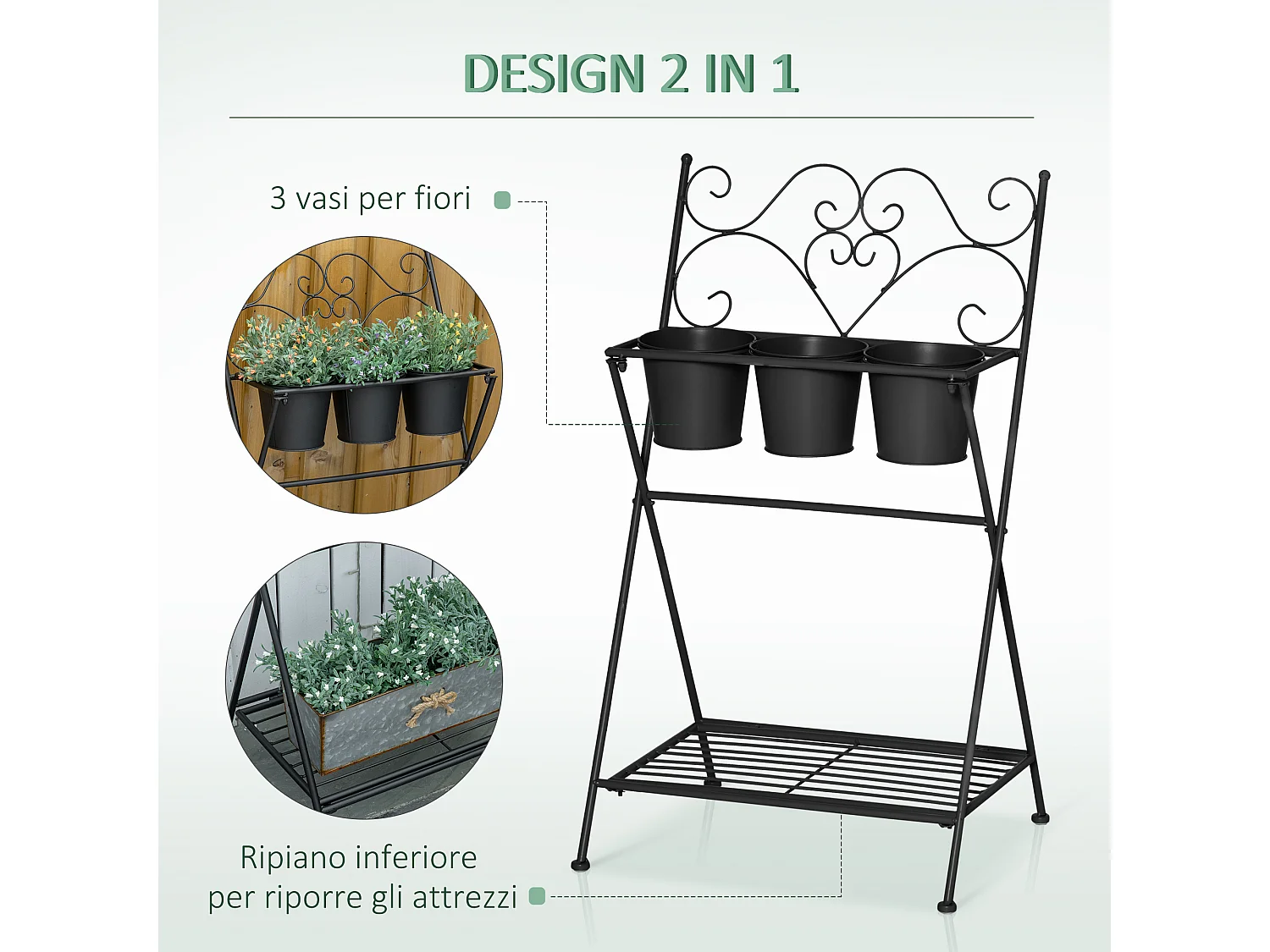Portapiante pieghevole con 3 vasi e ripiano inferiore nero