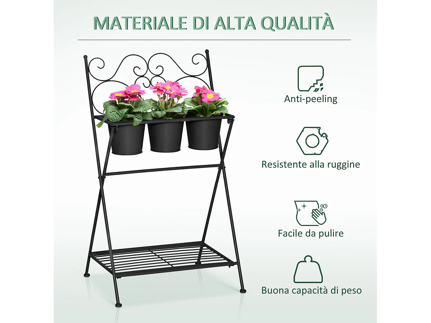 Portapiante pieghevole con 3 vasi e ripiano inferiore nero