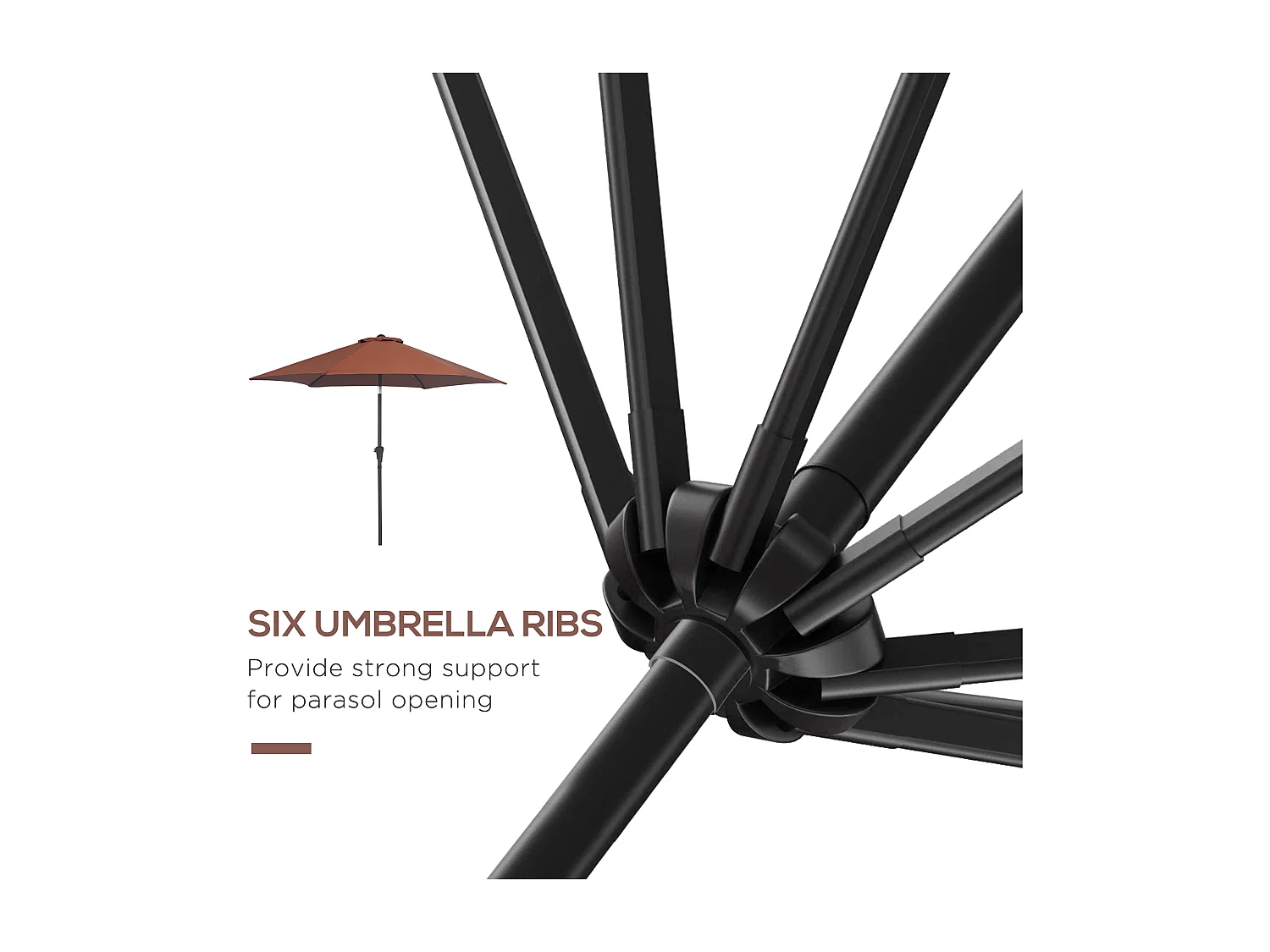 Ombrellone da giardino 6 stecche inclinabile con manovella nero caffè