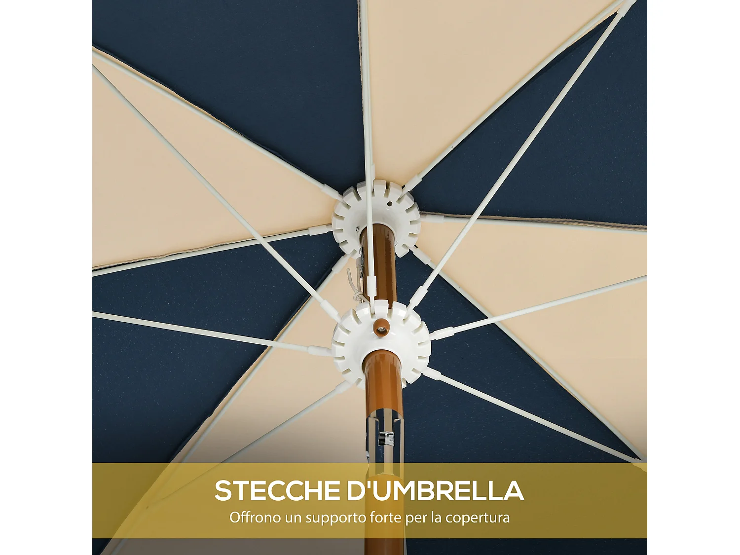 Ombrellone rotondo e inclinabile con manovella blu e beige