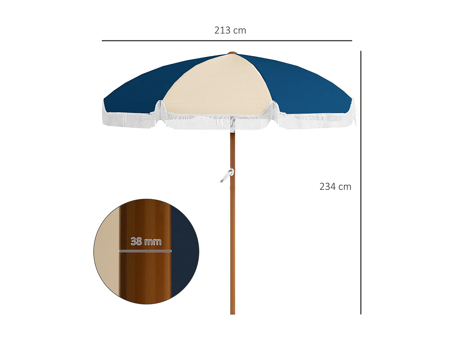 Ombrellone rotondo e inclinabile con manovella blu e beige