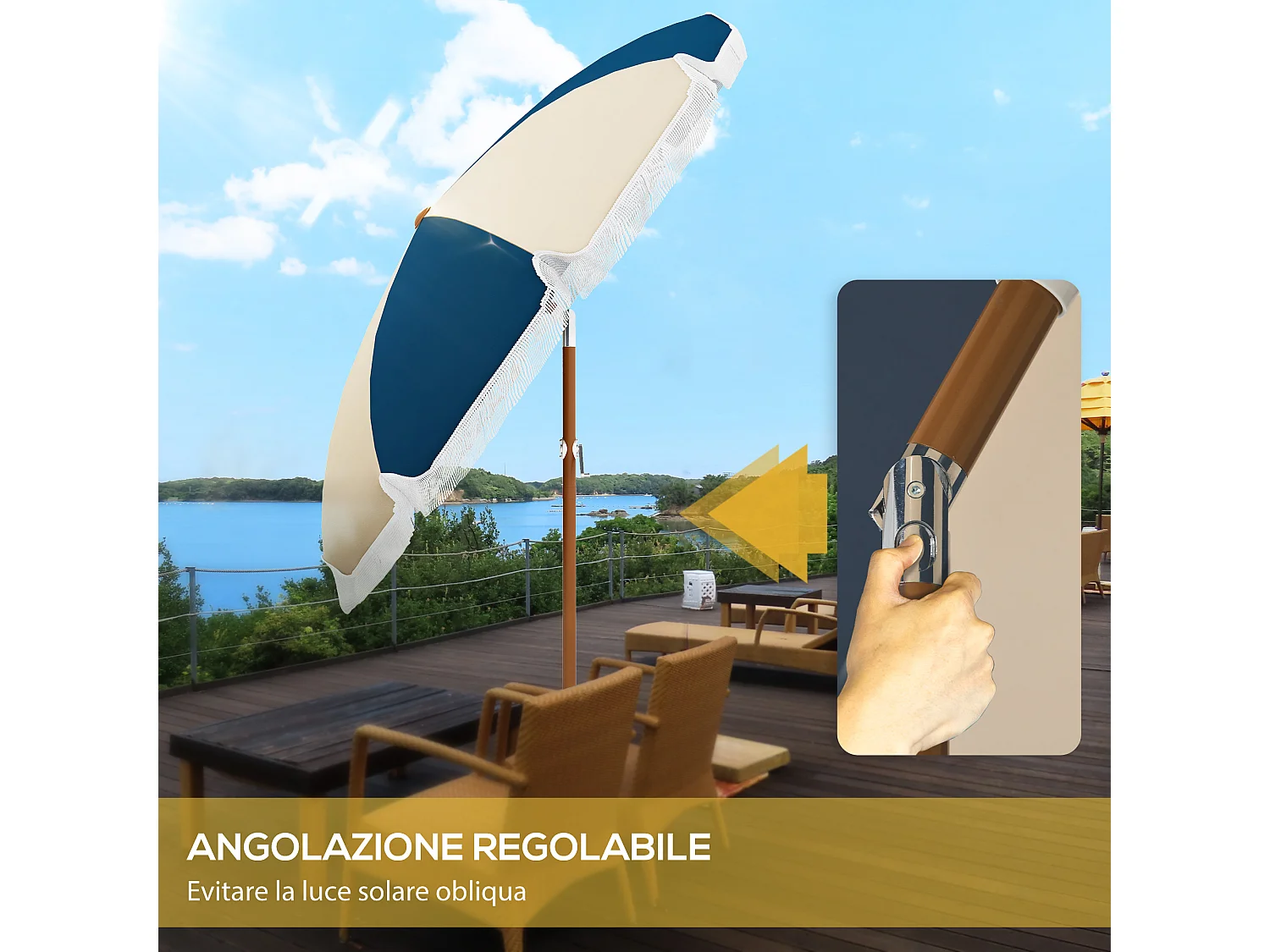 Ombrellone rotondo e inclinabile con manovella blu e beige