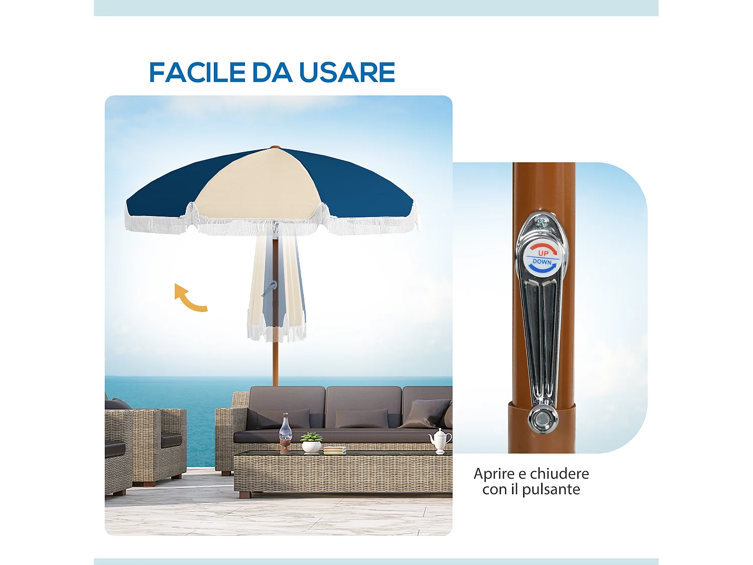 Ombrellone rotondo e inclinabile con manovella blu e beige