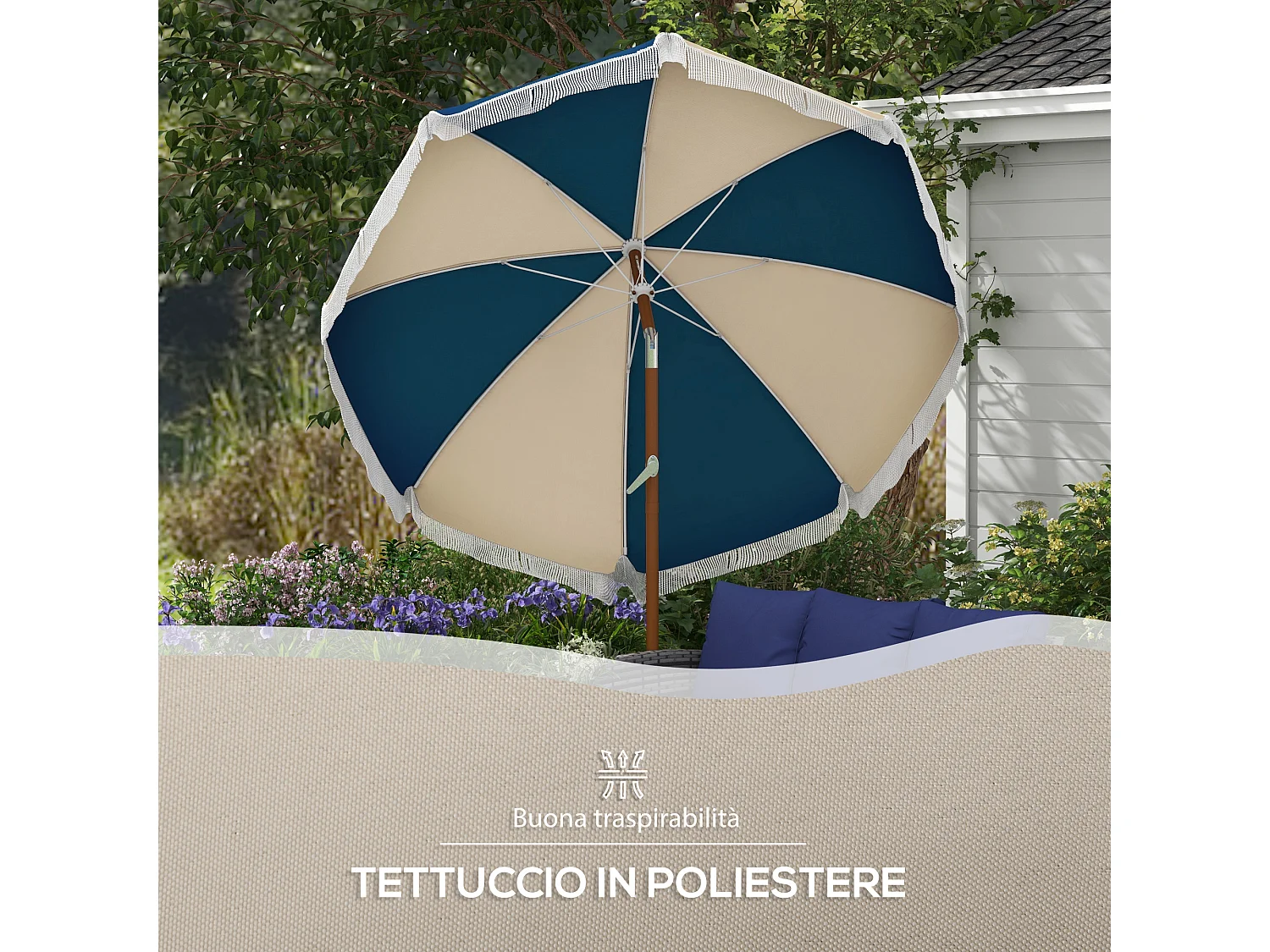 Ombrellone rotondo e inclinabile con manovella blu e beige