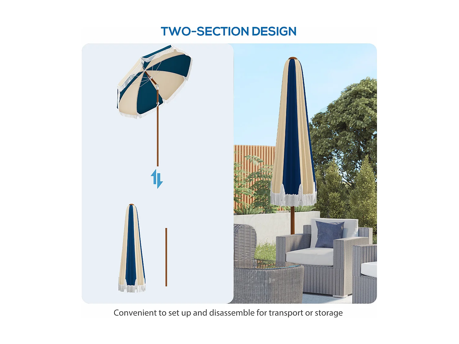 Ombrellone rotondo e inclinabile con manovella blu e beige