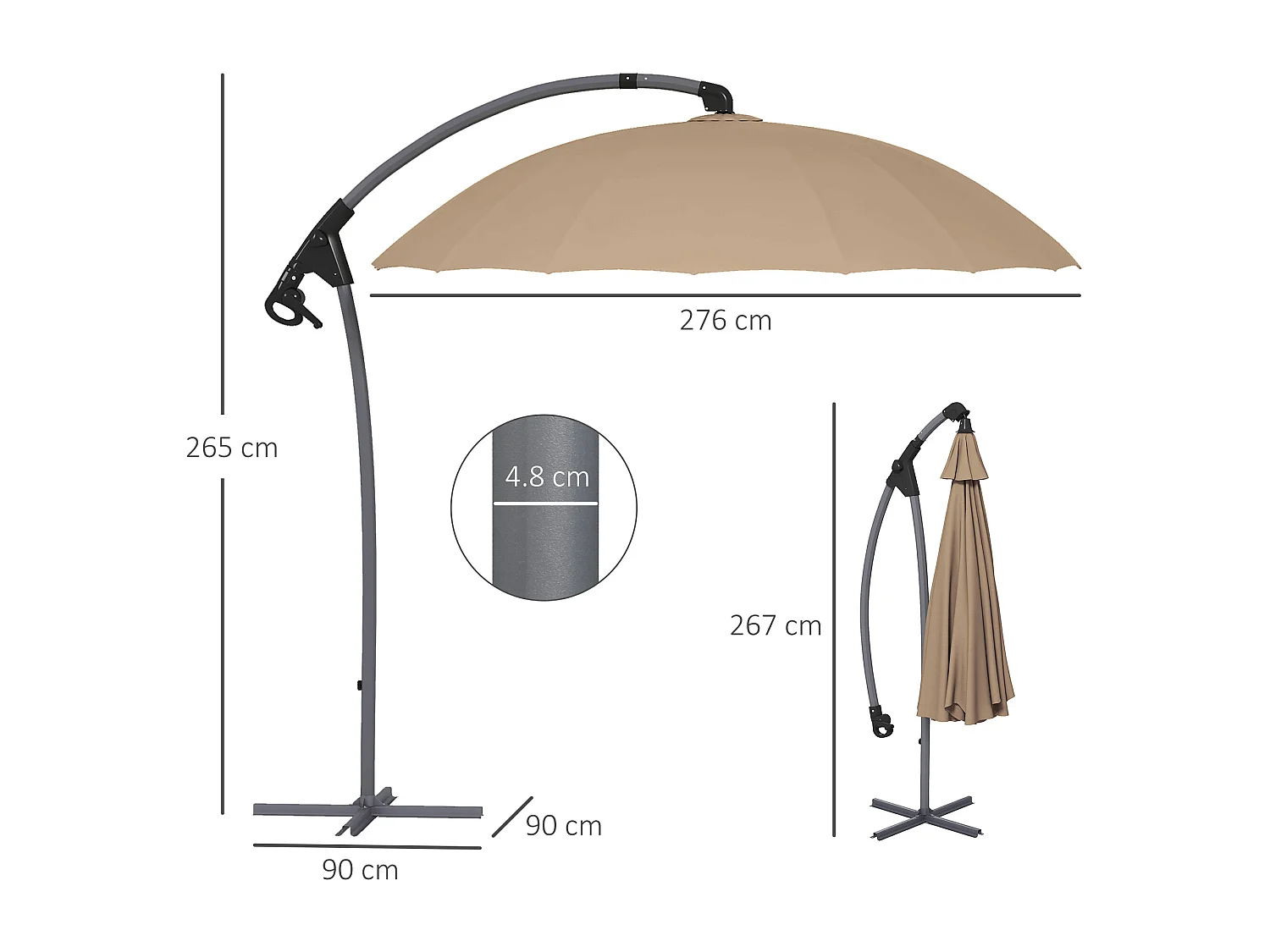 Ombrellone da giardino decentrato 2.7m con manovella cachi