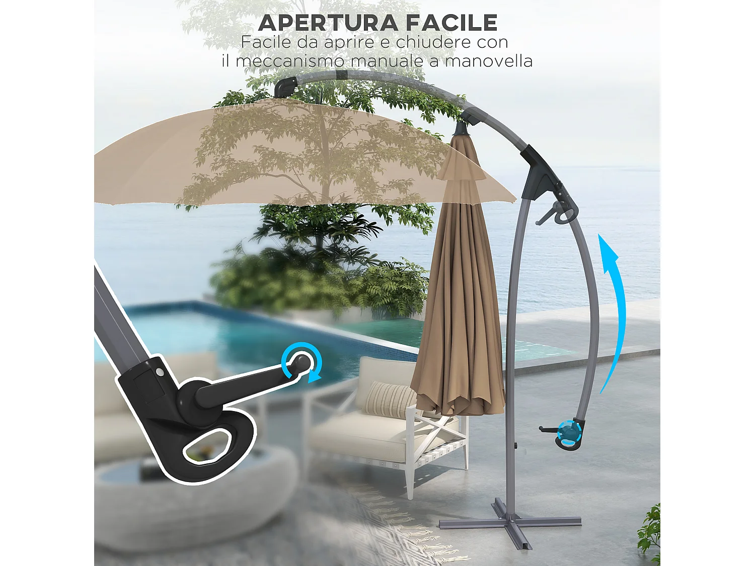 Ombrellone da giardino decentrato 2.7m con manovella cachi