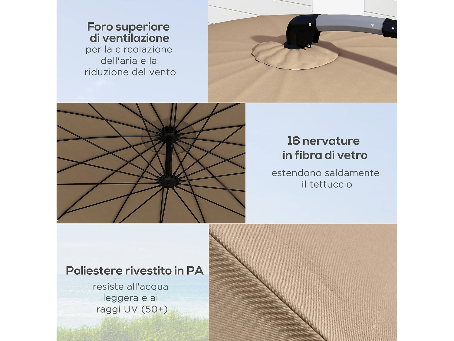 Ombrellone da giardino decentrato 2.7m con manovella cachi