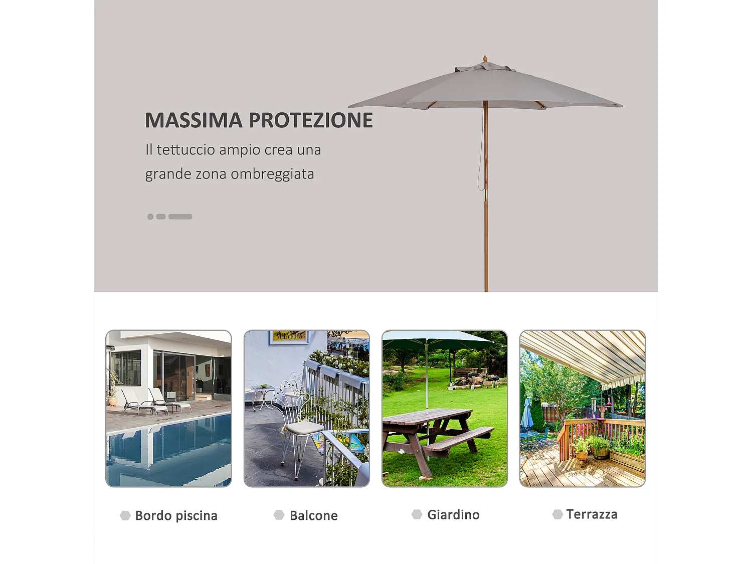 Ombrellone da giardino in legno e tessuto poliestere 2.5x2.3m grigio