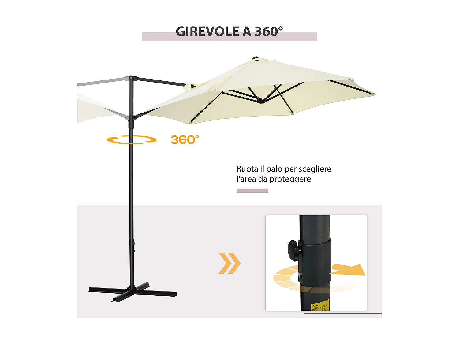 Ombrellone da giardino 2.6x2.5m girevole con manovella beige