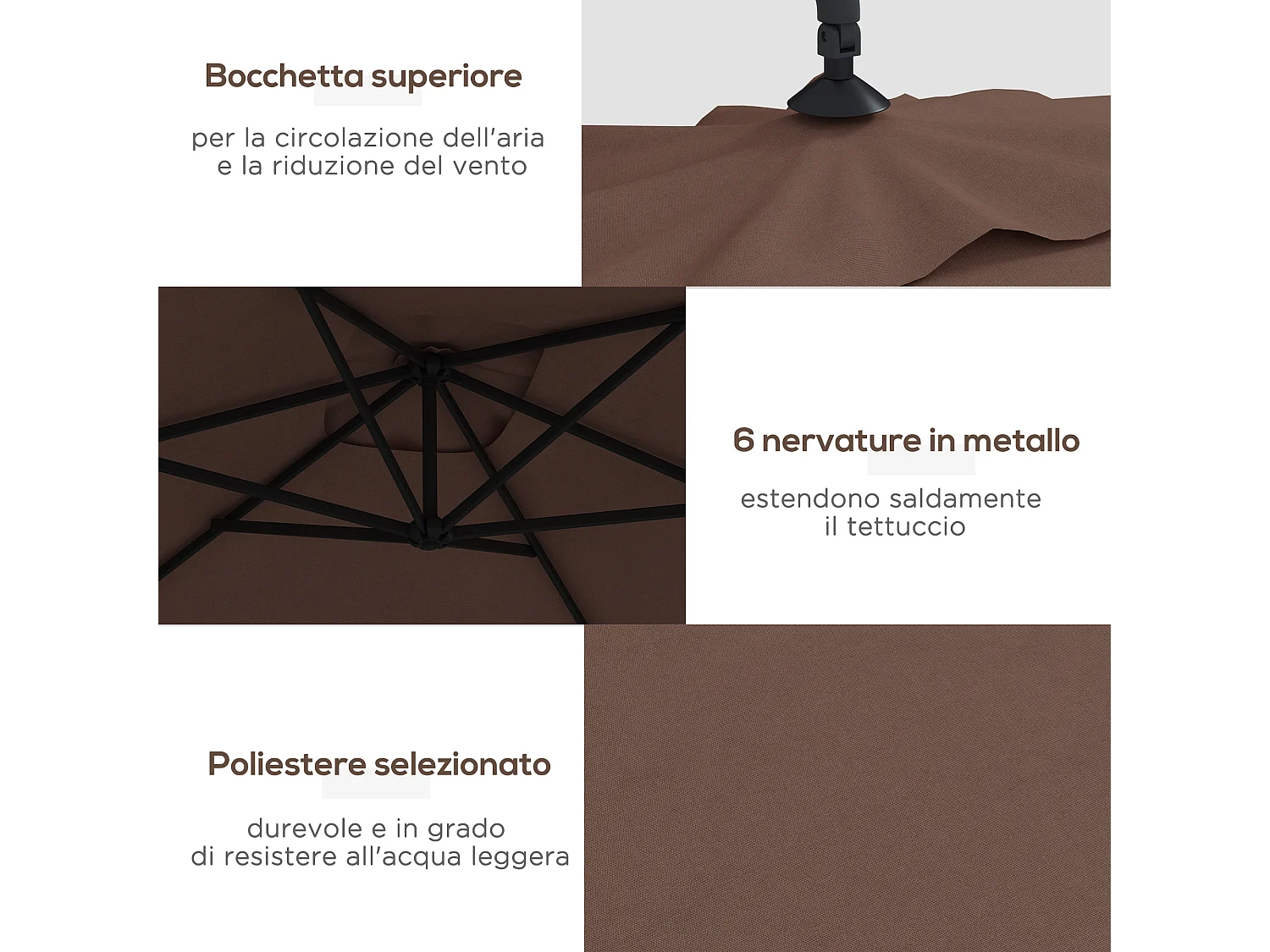 Ombrellone da giardino decentrato 3x2m con manovella marrone