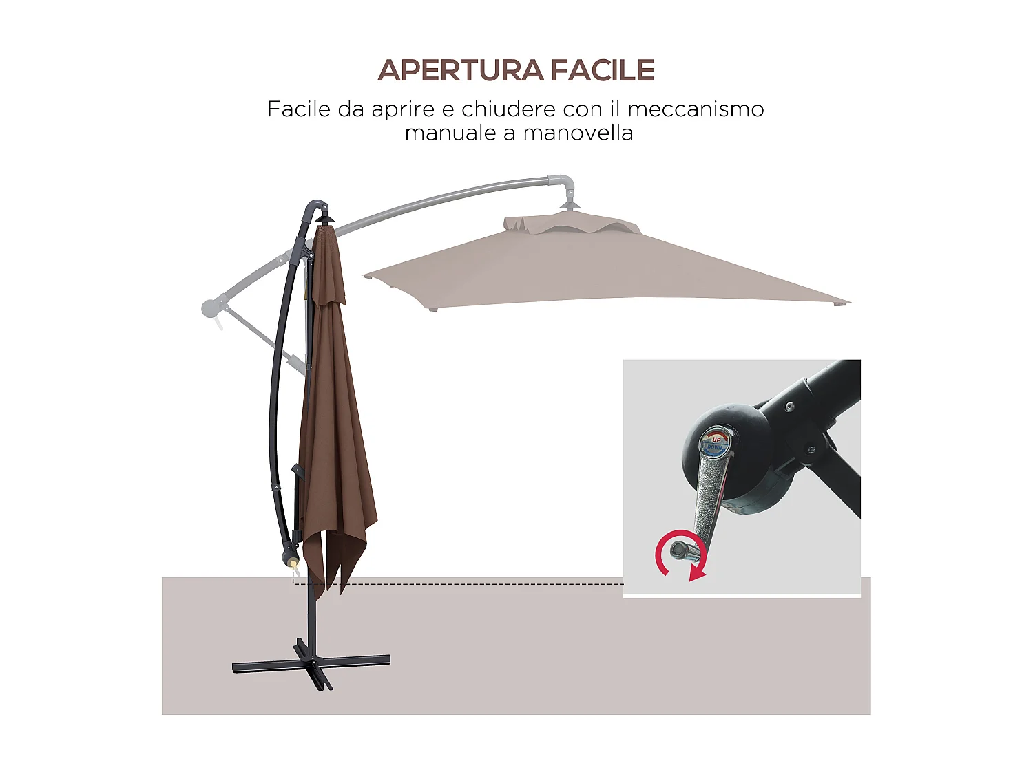 Ombrellone da giardino decentrato 3x2m con manovella marrone