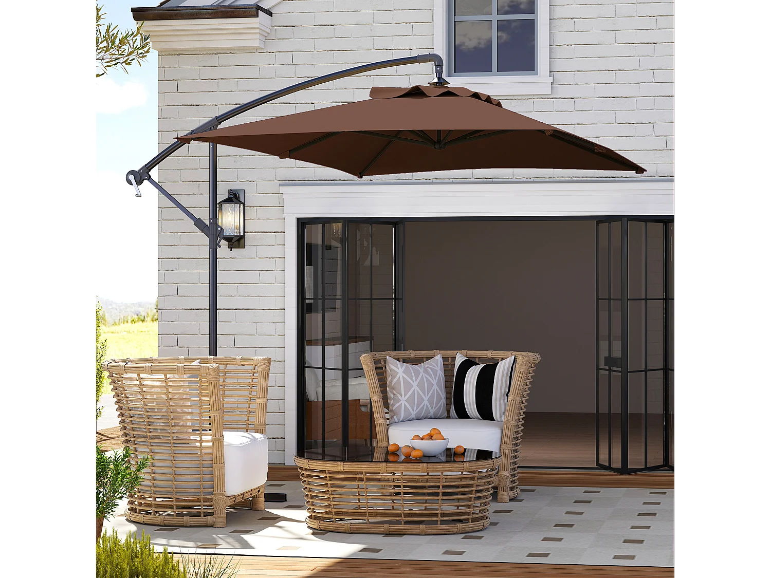 Ombrellone da giardino decentrato 3x2m con manovella marrone