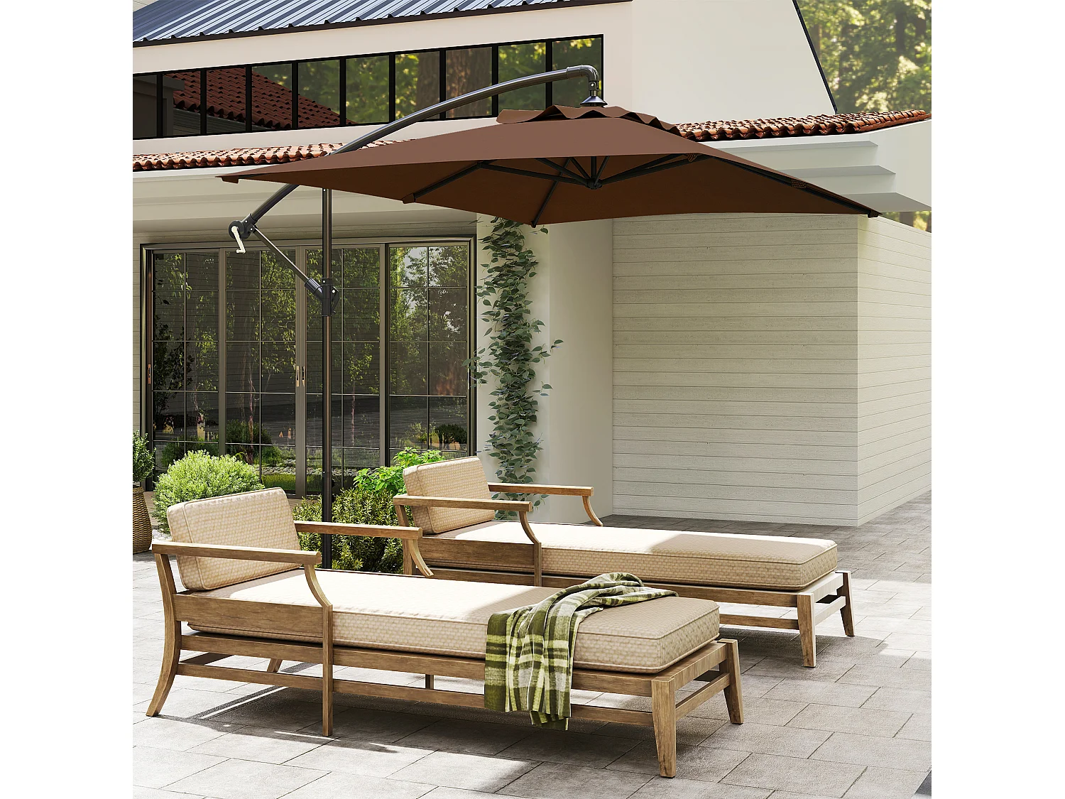 Ombrellone da giardino decentrato 3x2m con manovella marrone