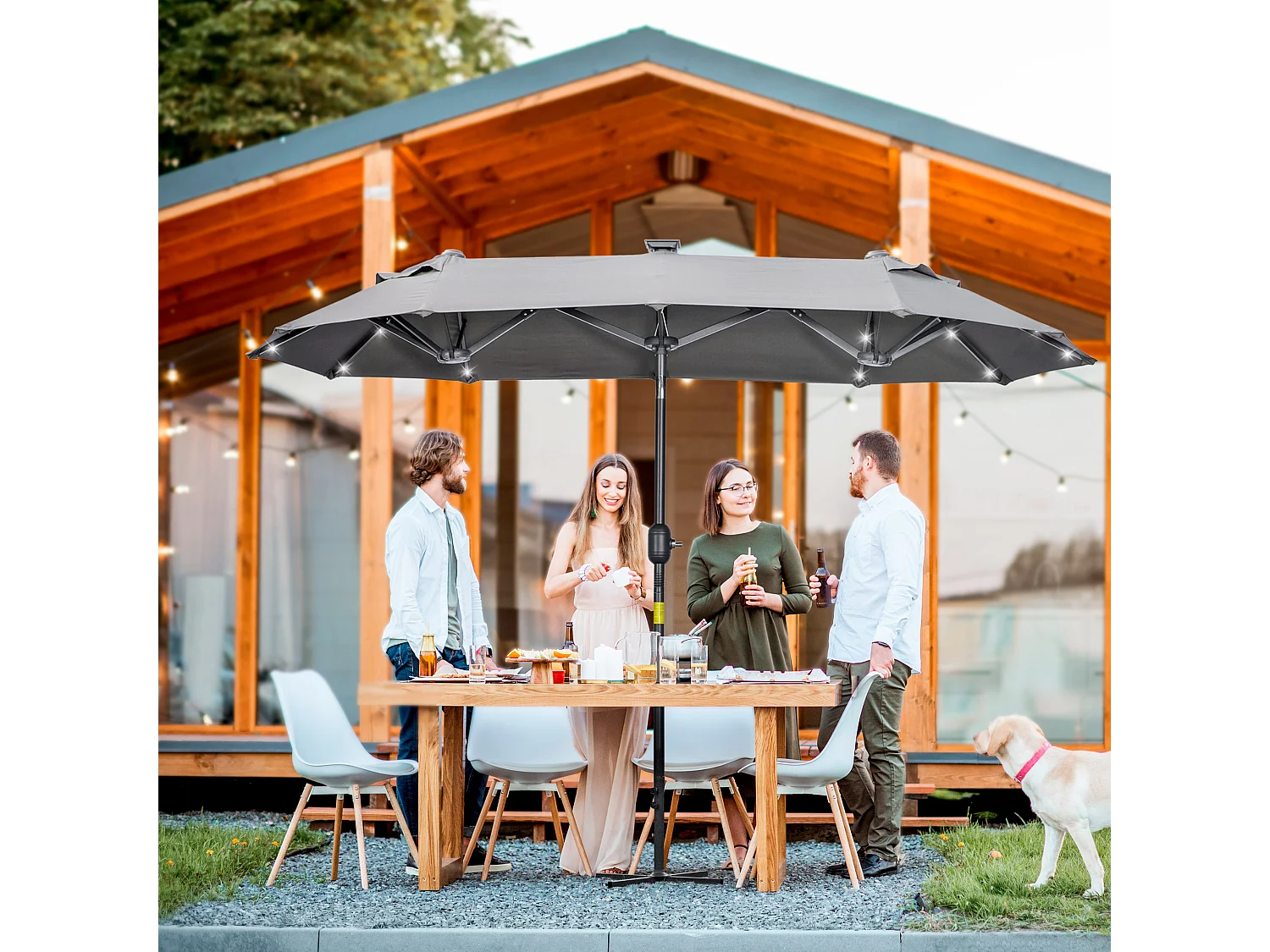 Ombrellone doppio con luci solari 295x150x219cm grigio