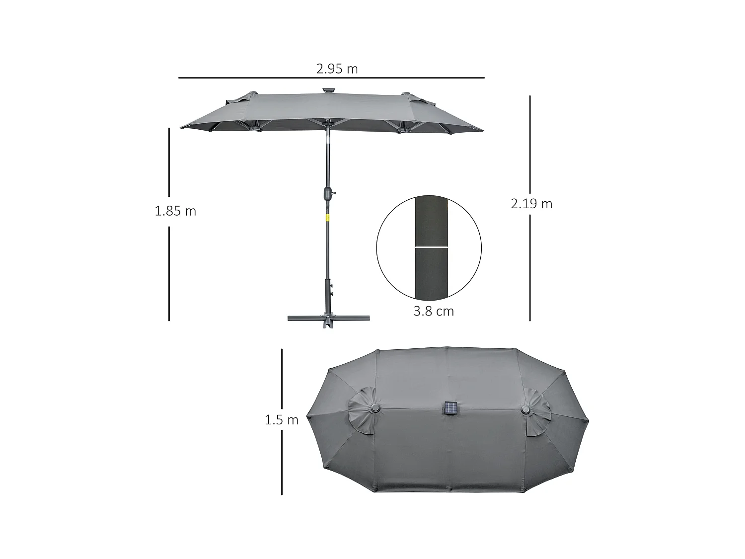 Ombrellone doppio con luci solari 295x150x219cm grigio