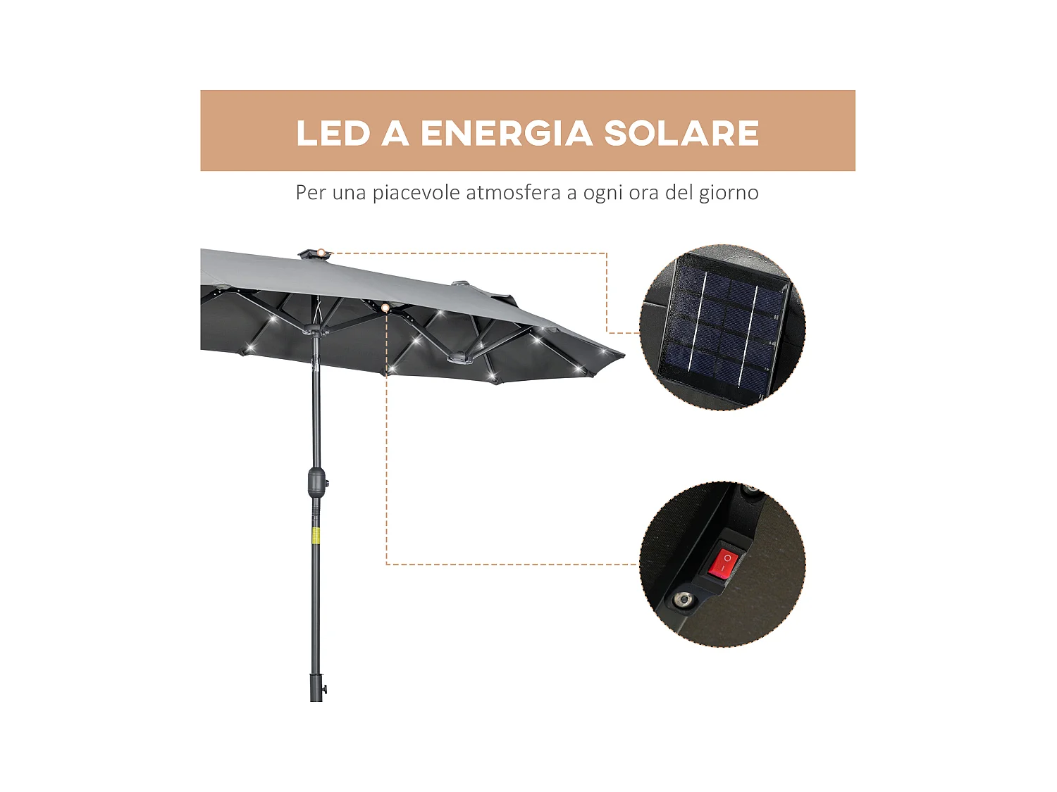 Ombrellone doppio con luci solari 295x150x219cm grigio