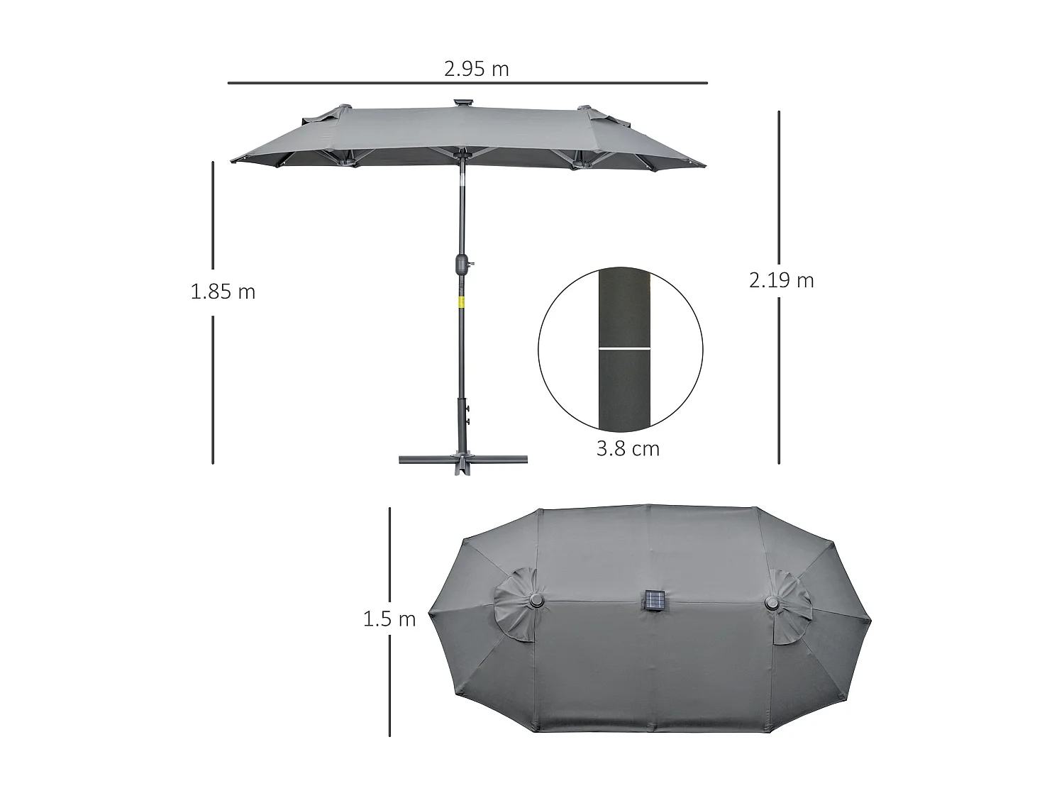 Ombrellone doppio con luci solari 295x150x219cm grigio