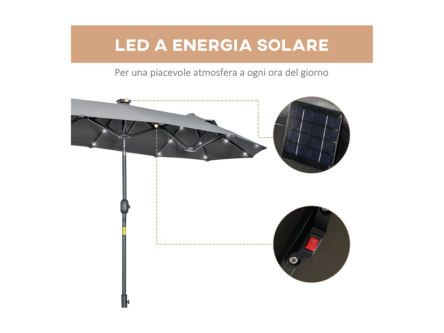 Ombrellone doppio con luci solari 295x150x219cm grigio