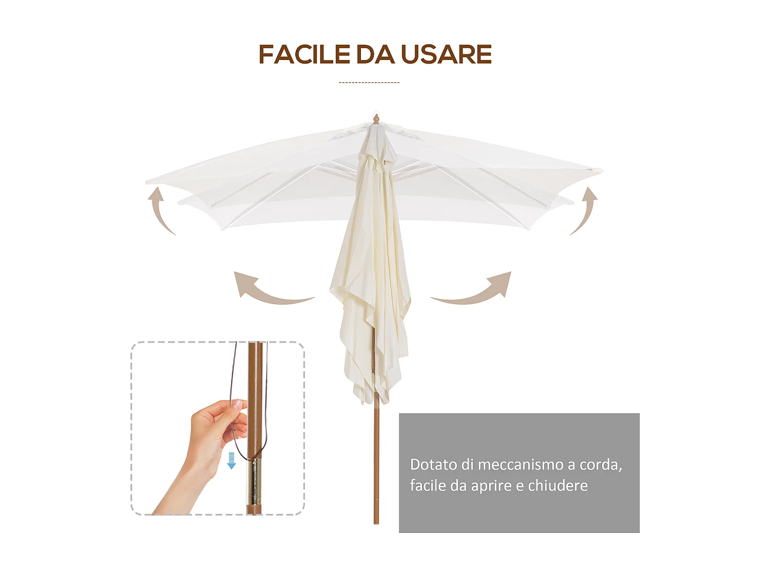 Ombrellone da giardino in legno e poliestere 2x3m beige