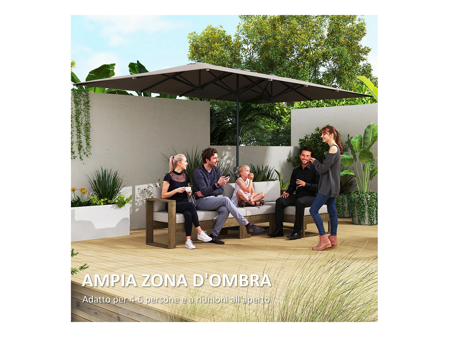 Ombrellone doppio da giardino a manovella 4.5x2.6 m grigio