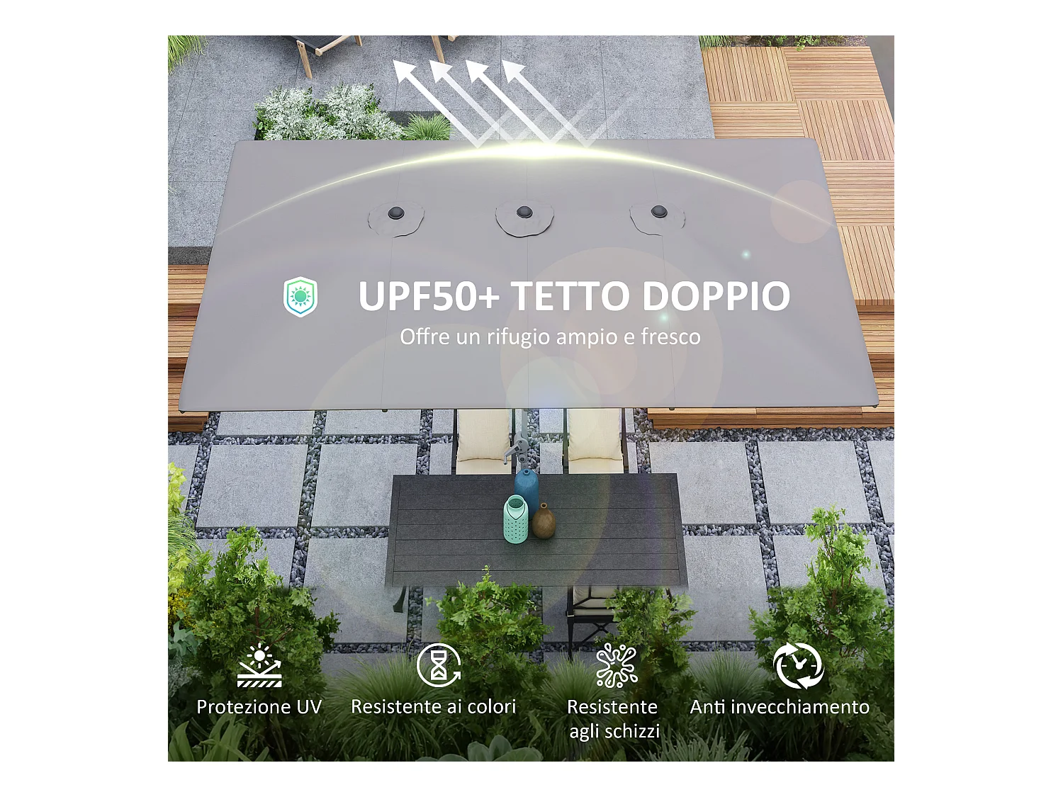 Ombrellone doppio da giardino a manovella 4.5x2.6 m grigio