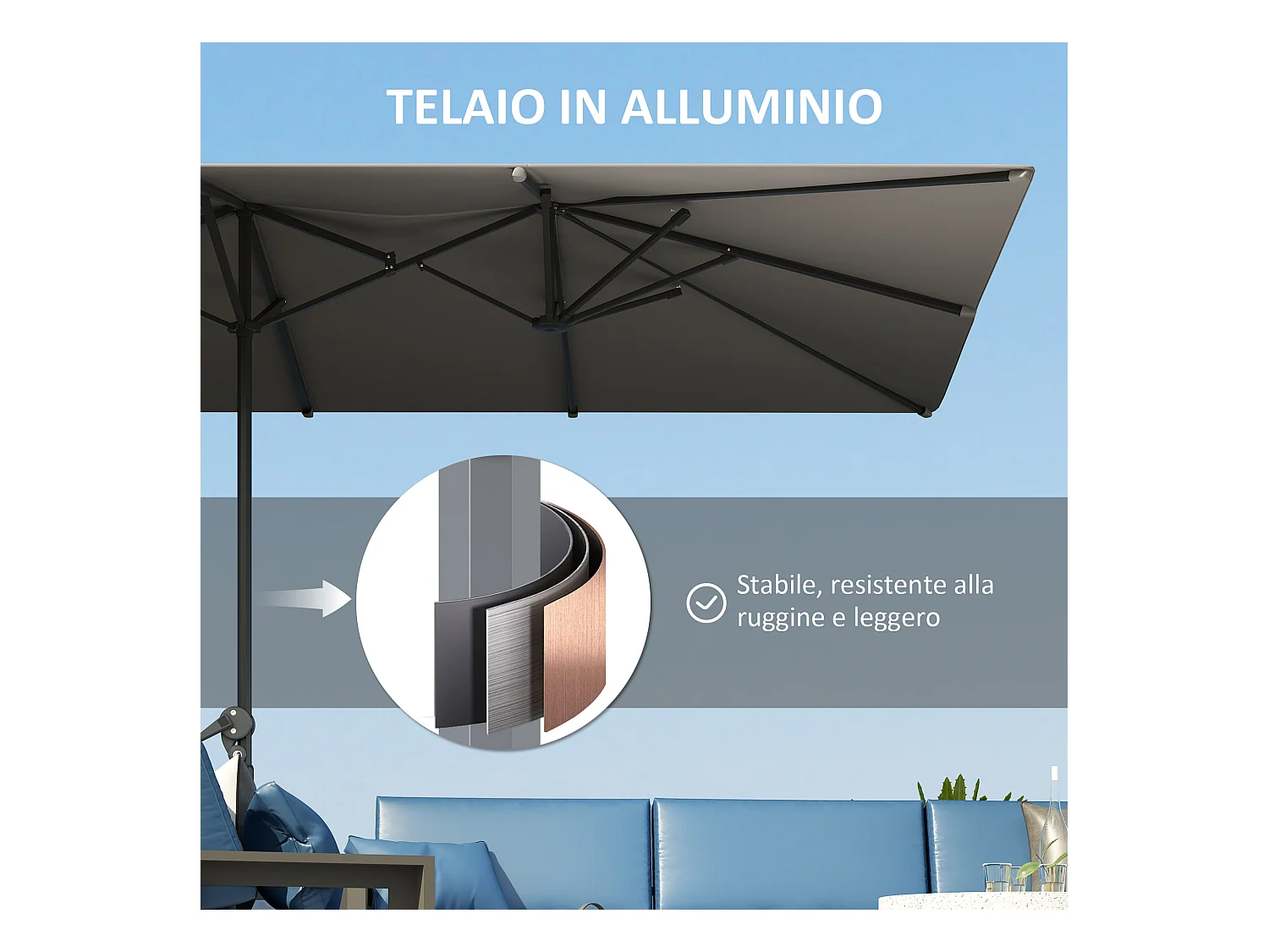 Ombrellone doppio da giardino a manovella 4.5x2.6 m grigio