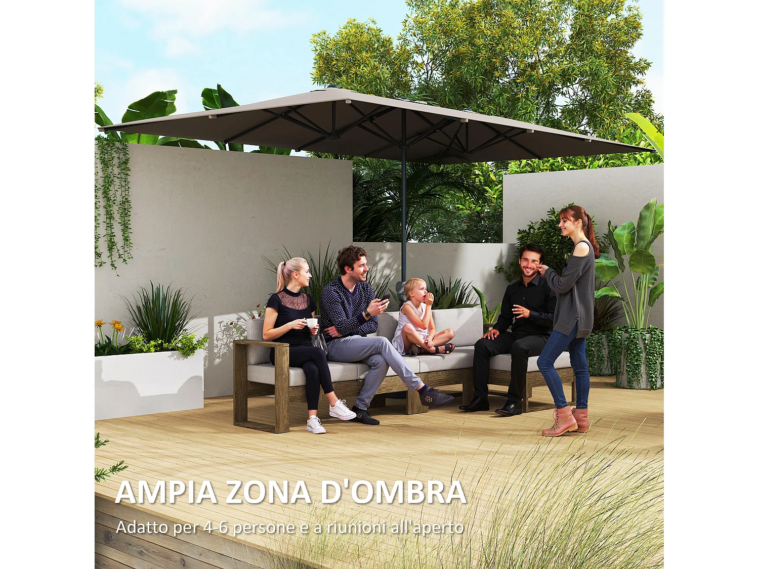 Ombrellone doppio da giardino a manovella 4.5x2.6 m grigio