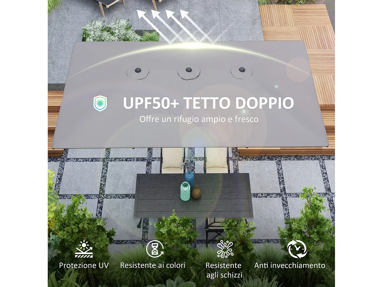 Ombrellone doppio da giardino a manovella 4.5x2.6 m grigio