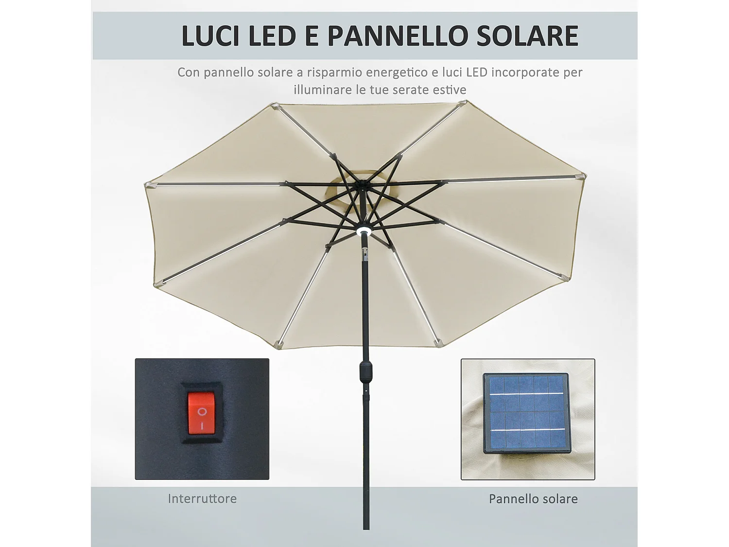 Ombrellone da giardino φ270 x 245acm con manovella e luci led