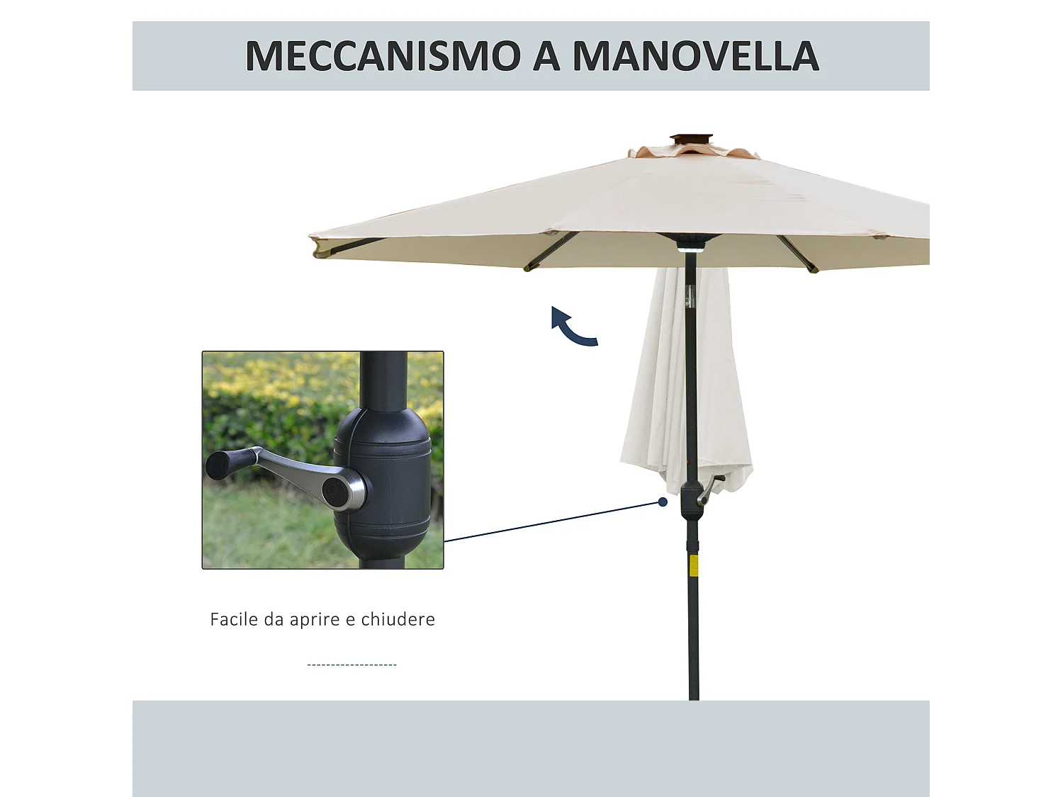 Ombrellone da giardino φ270 x 245acm con manovella e luci led