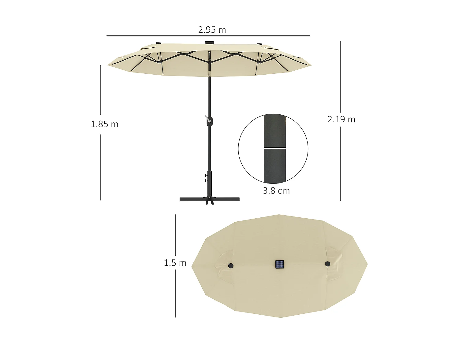 Ombrellone doppio con luci led e base a croce bianco crema