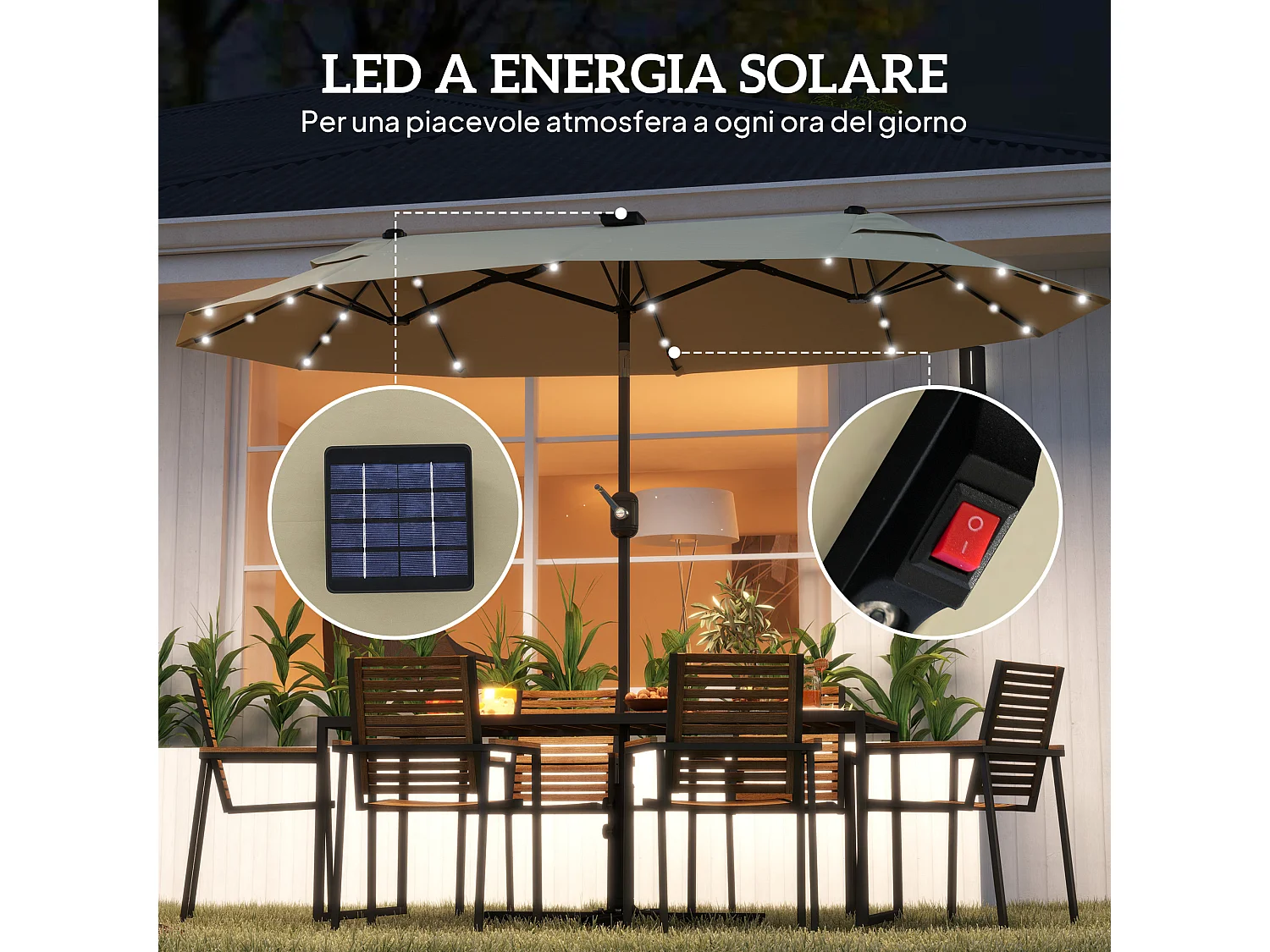 Ombrellone doppio con luci led e base a croce bianco crema