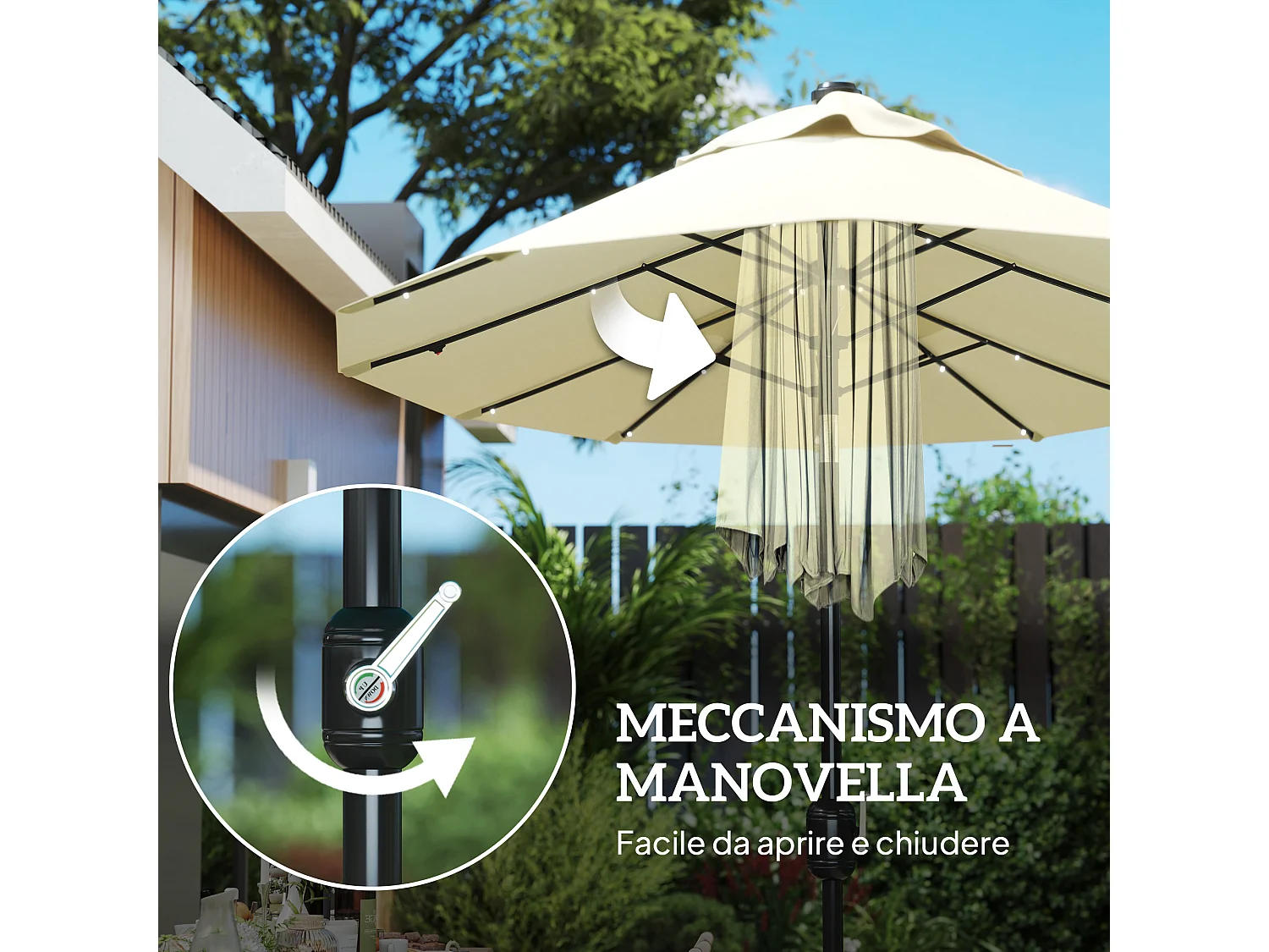 Ombrellone doppio con luci led e base a croce bianco crema