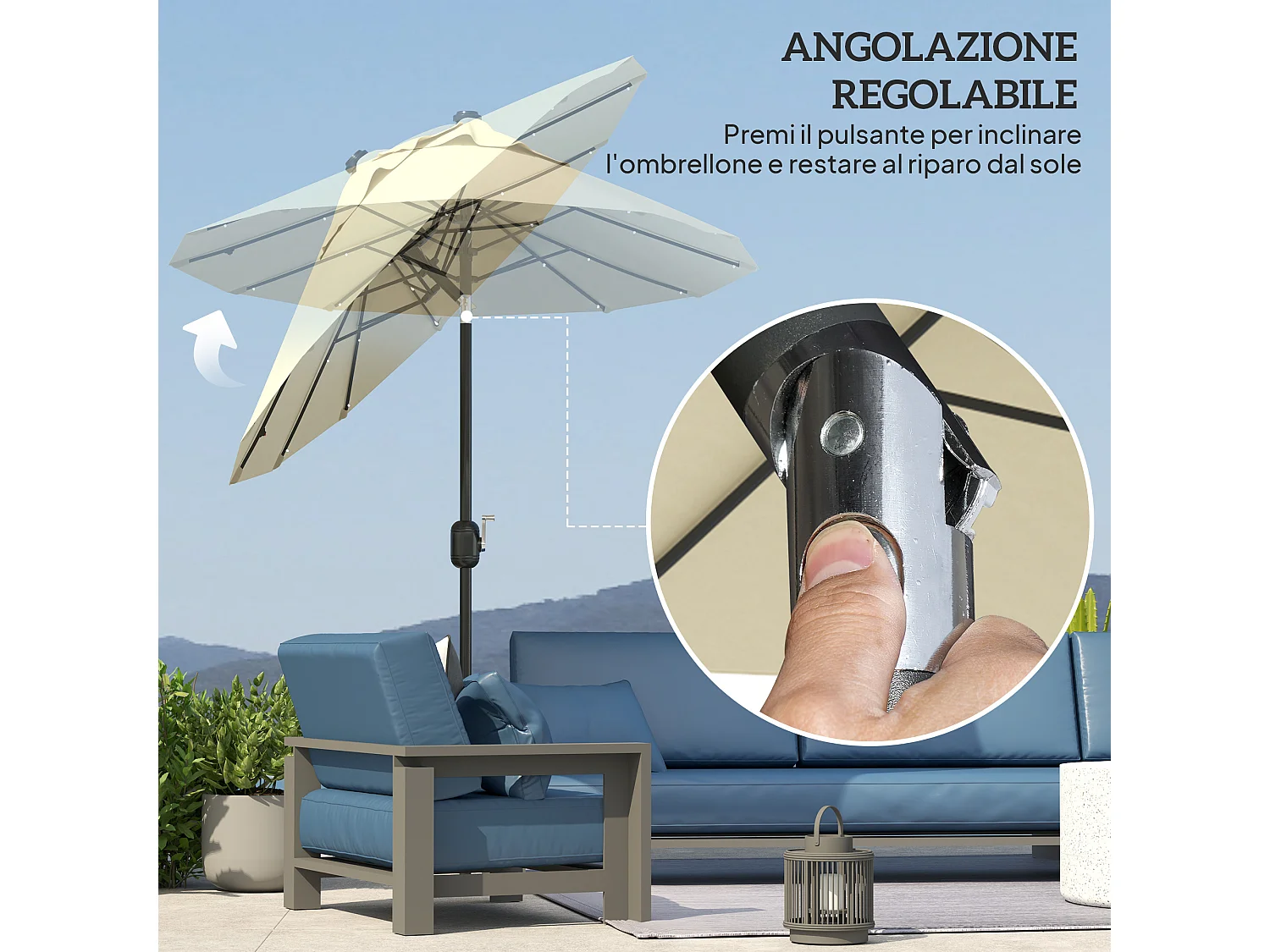 Ombrellone doppio con luci led e base a croce bianco crema