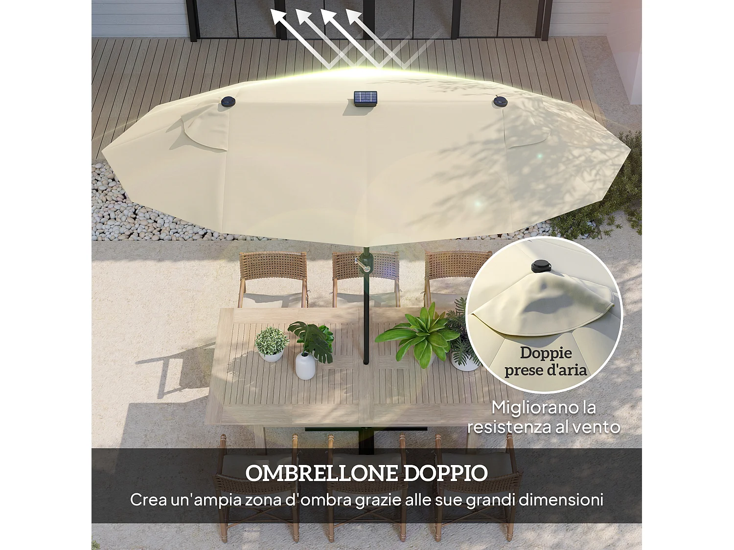 Ombrellone doppio con luci led e base a croce bianco crema