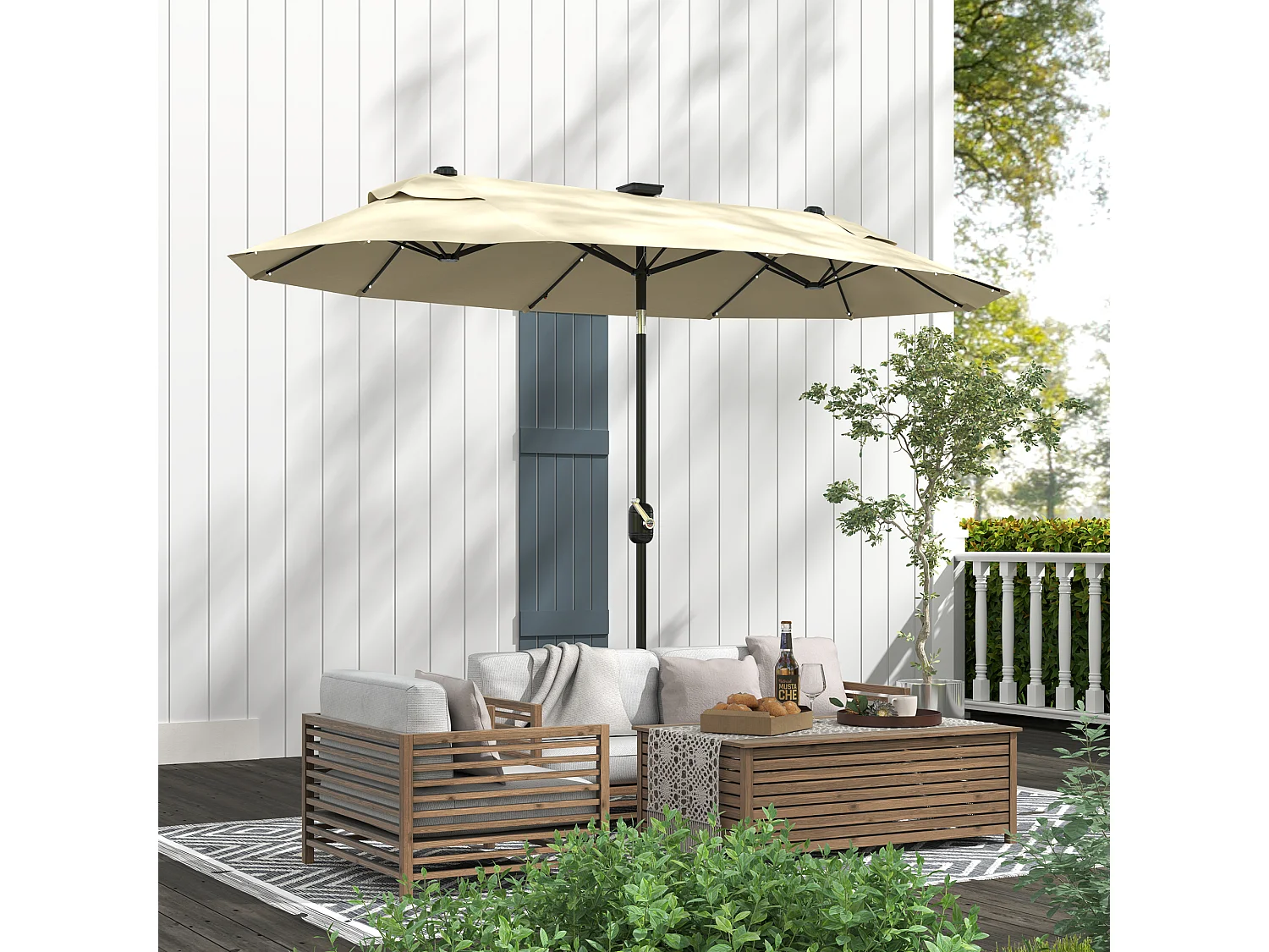 Ombrellone doppio con luci led e base a croce bianco crema