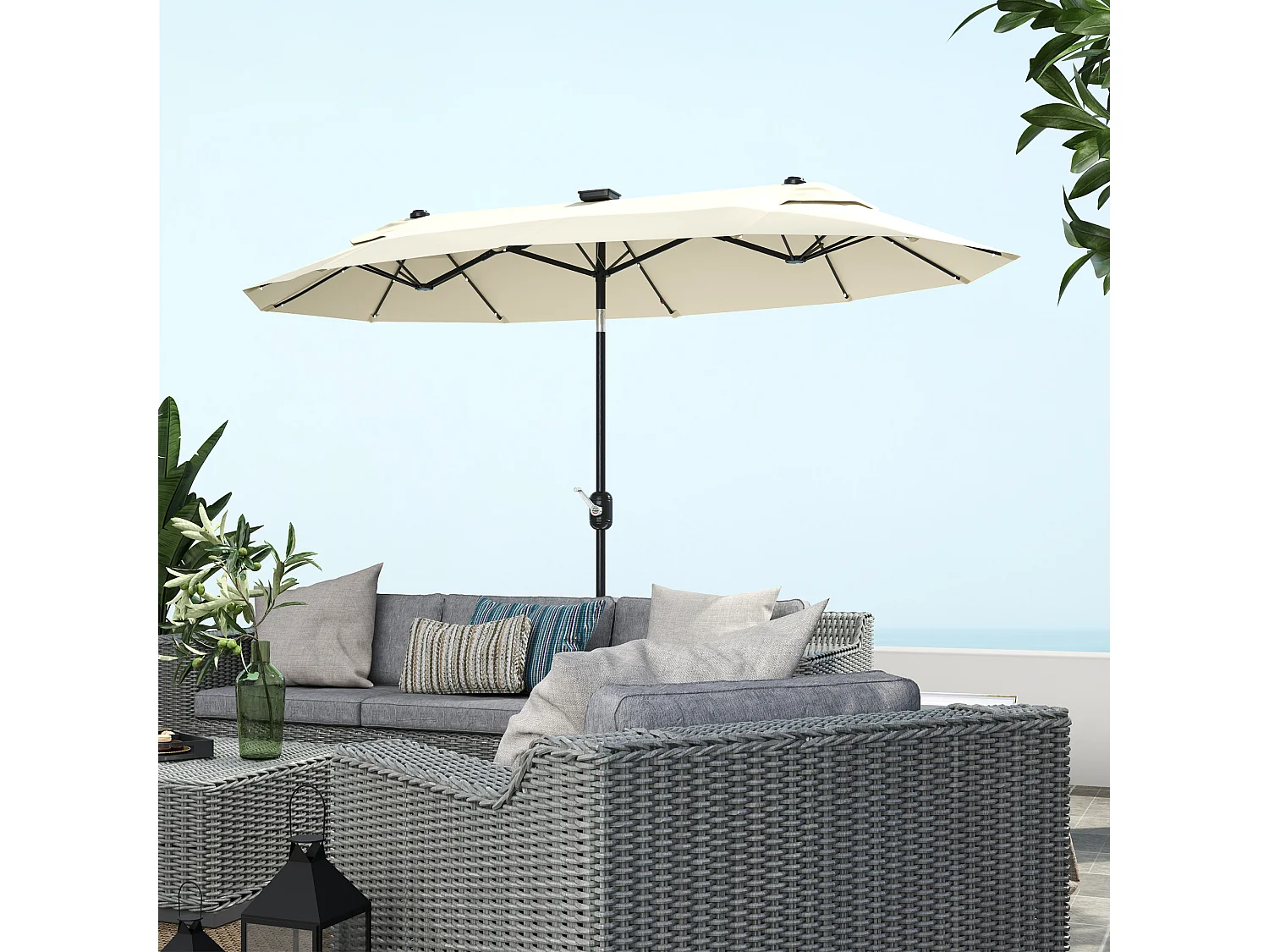 Ombrellone doppio con luci led e base a croce bianco crema