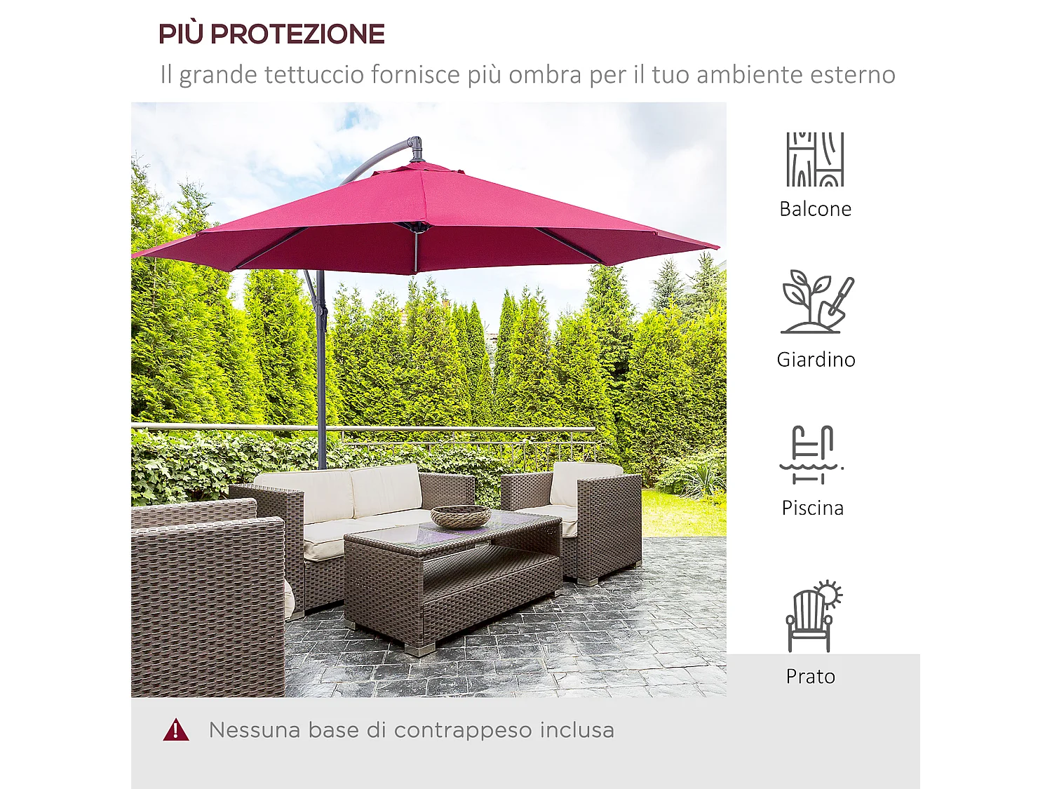 Ombrellone da giardino 3x2.5 m a braccio inclinabile rosso