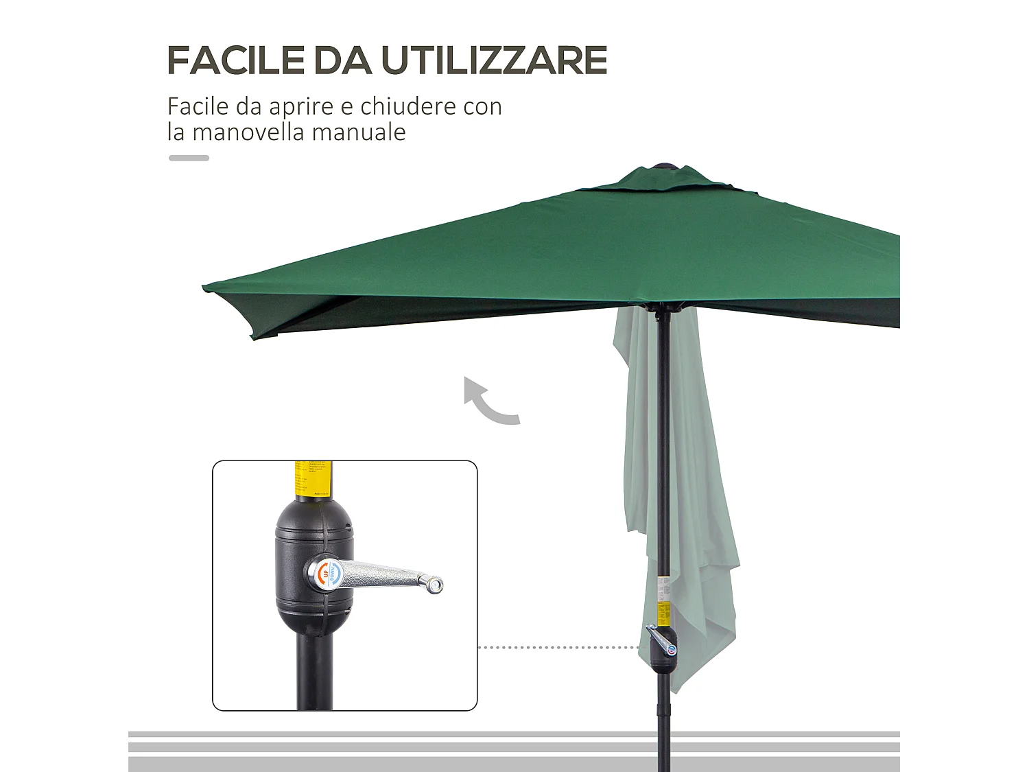 Ombrellone mezzaluna da parete con apertura a manovella verde