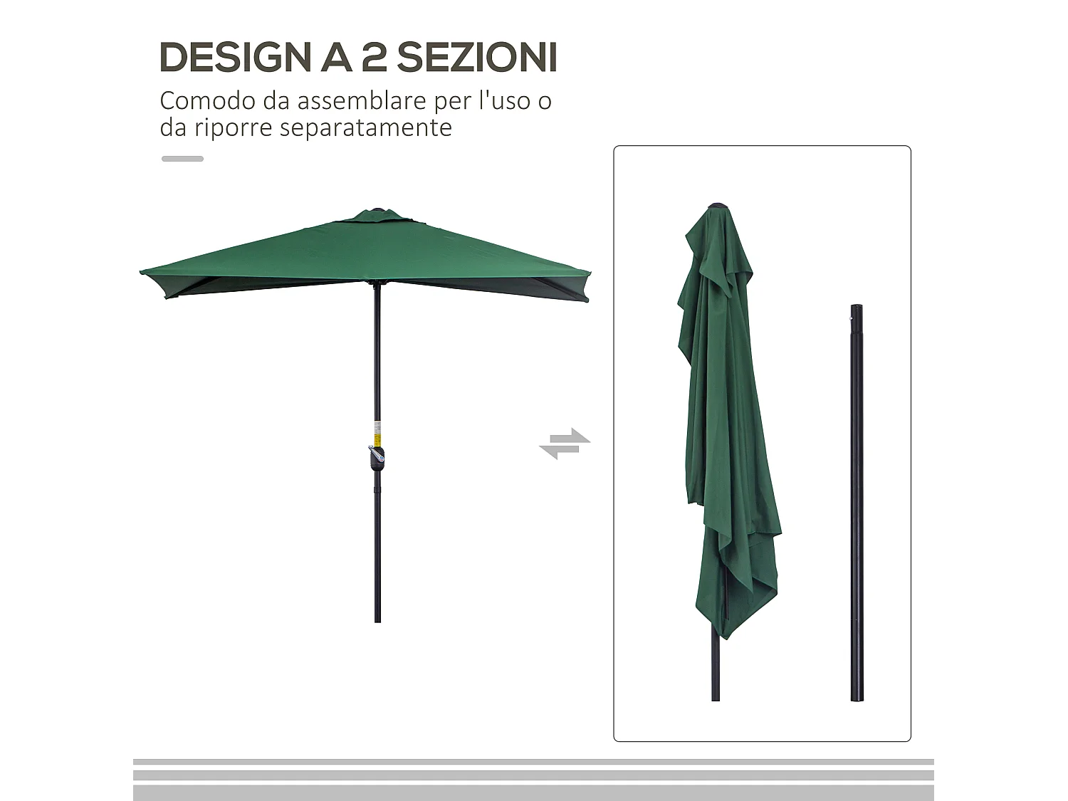 Ombrellone mezzaluna da parete con apertura a manovella verde