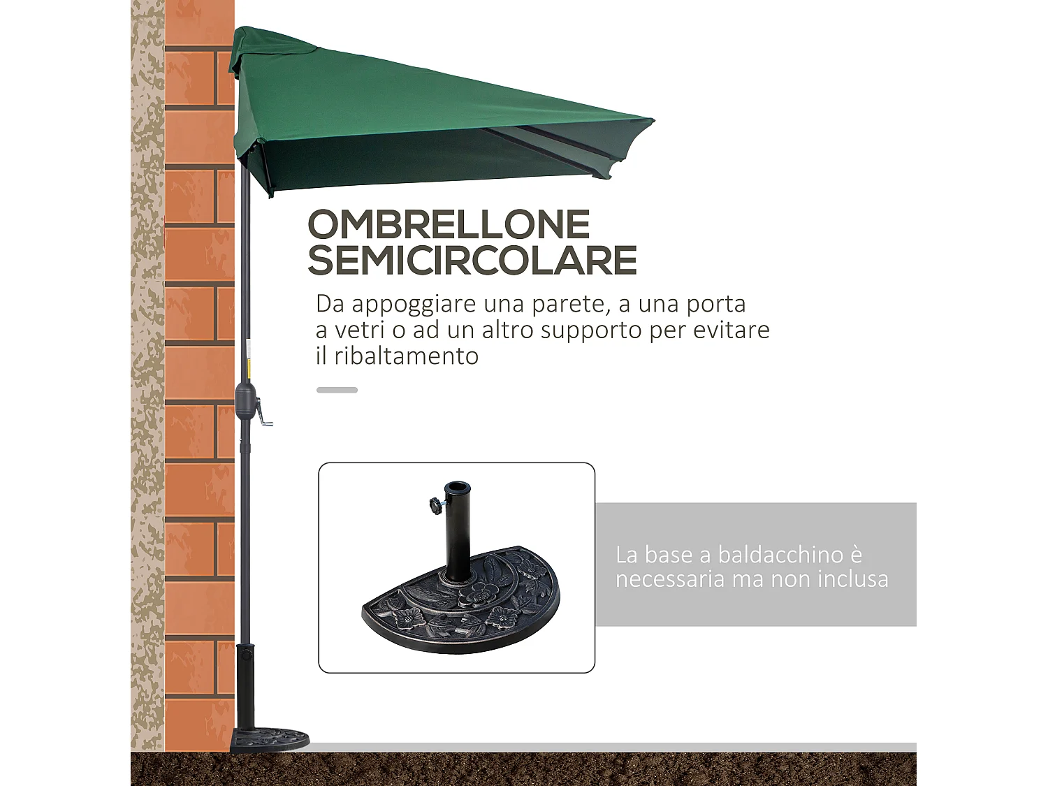 Ombrellone mezzaluna da parete con apertura a manovella verde