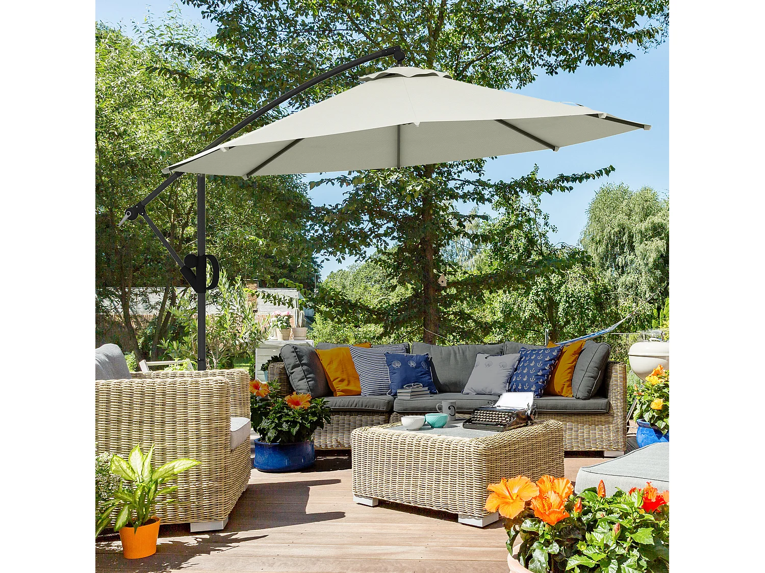 Ombrellone a braccio a 8 stecche con base a croce ø3x2.6 m grigio