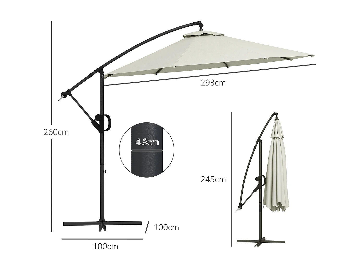 Ombrellone a braccio a 8 stecche con base a croce ø3x2.6 m grigio