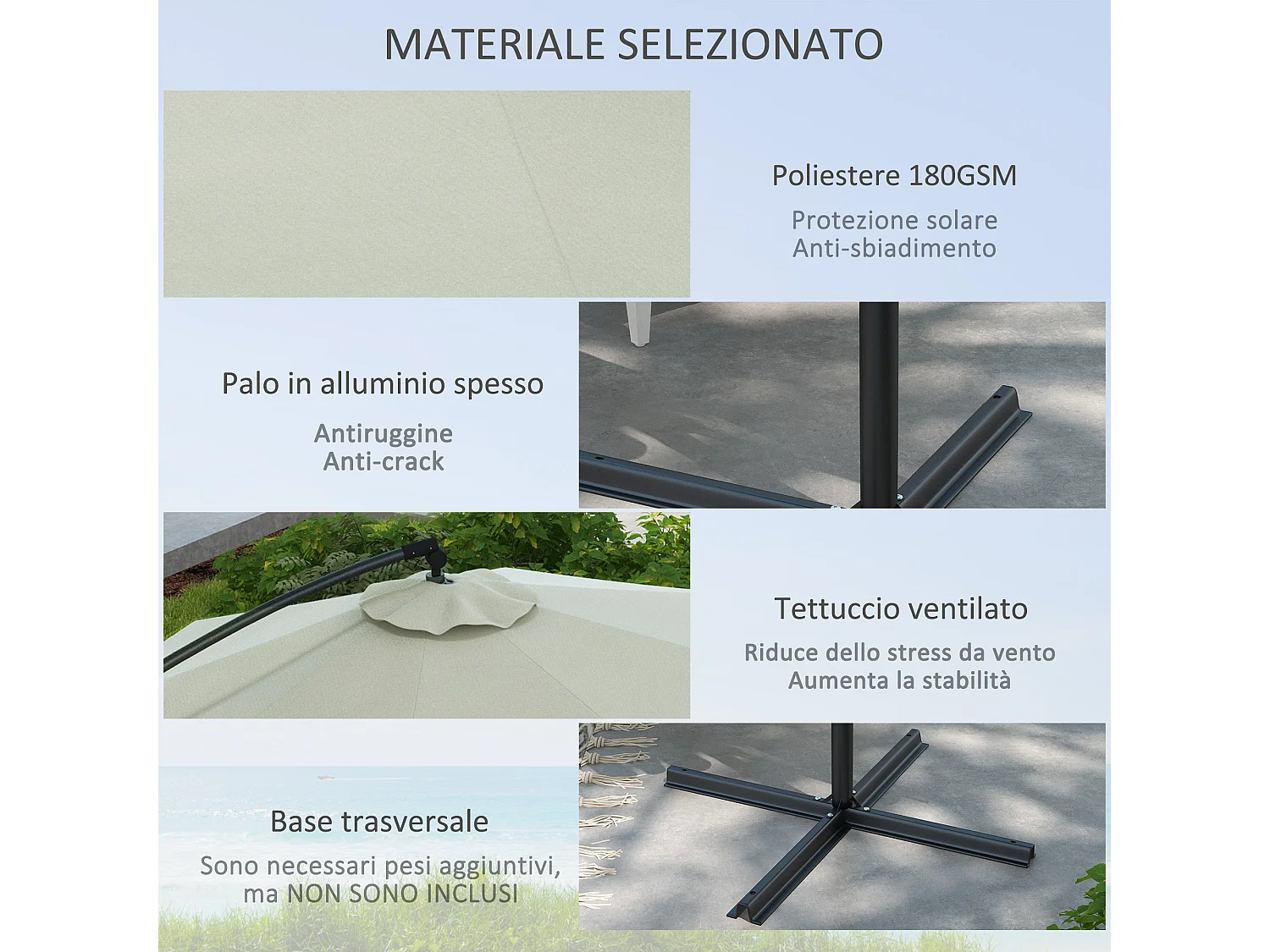 Ombrellone a braccio a 8 stecche con base a croce ø3x2.6 m grigio