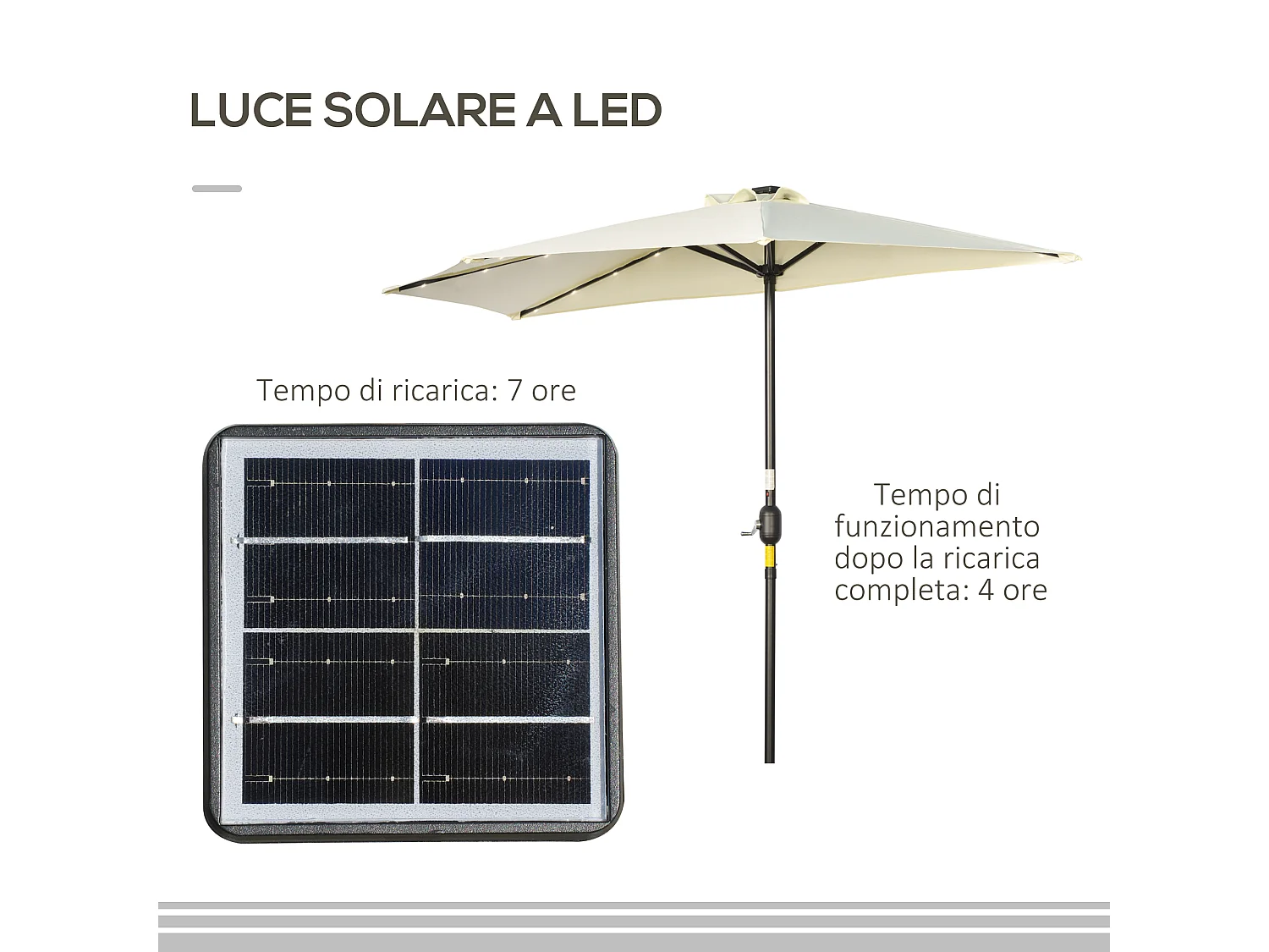 Ombrellone semicircolare con manovella e 20 luci led solari beige